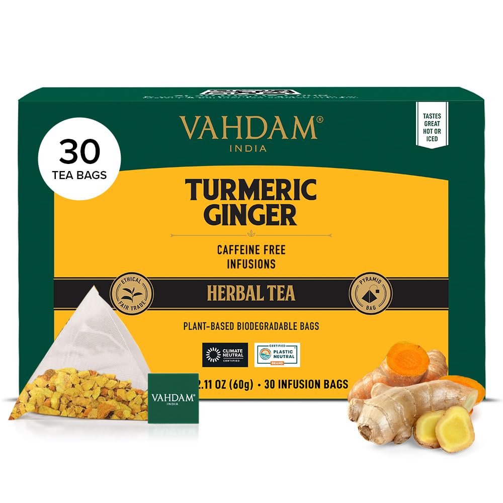 VAHDAM, Organic Turmeric Ginger Herbal Tea Bags (100 Pyramid Tea Bags) Caffeine Free, Non GMO, Gluten Free | 100% Pure Herbal Blend - Savory & Spicy | Plant-Based Tea Bags | Resealable Ziplock Pouch