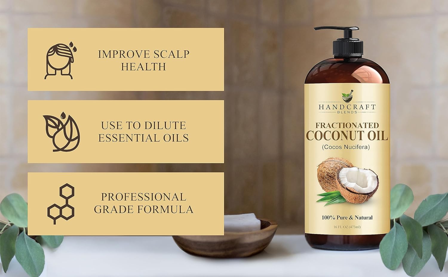 Handcraft Blends Fractionated Coconut Oil - 16 Fl Oz - 100% Pure and Natural - Premium Grade Oil for Skin and Hair - Carrier Oil - Hair and Body Oil - Massage Oil - Hair Tonic