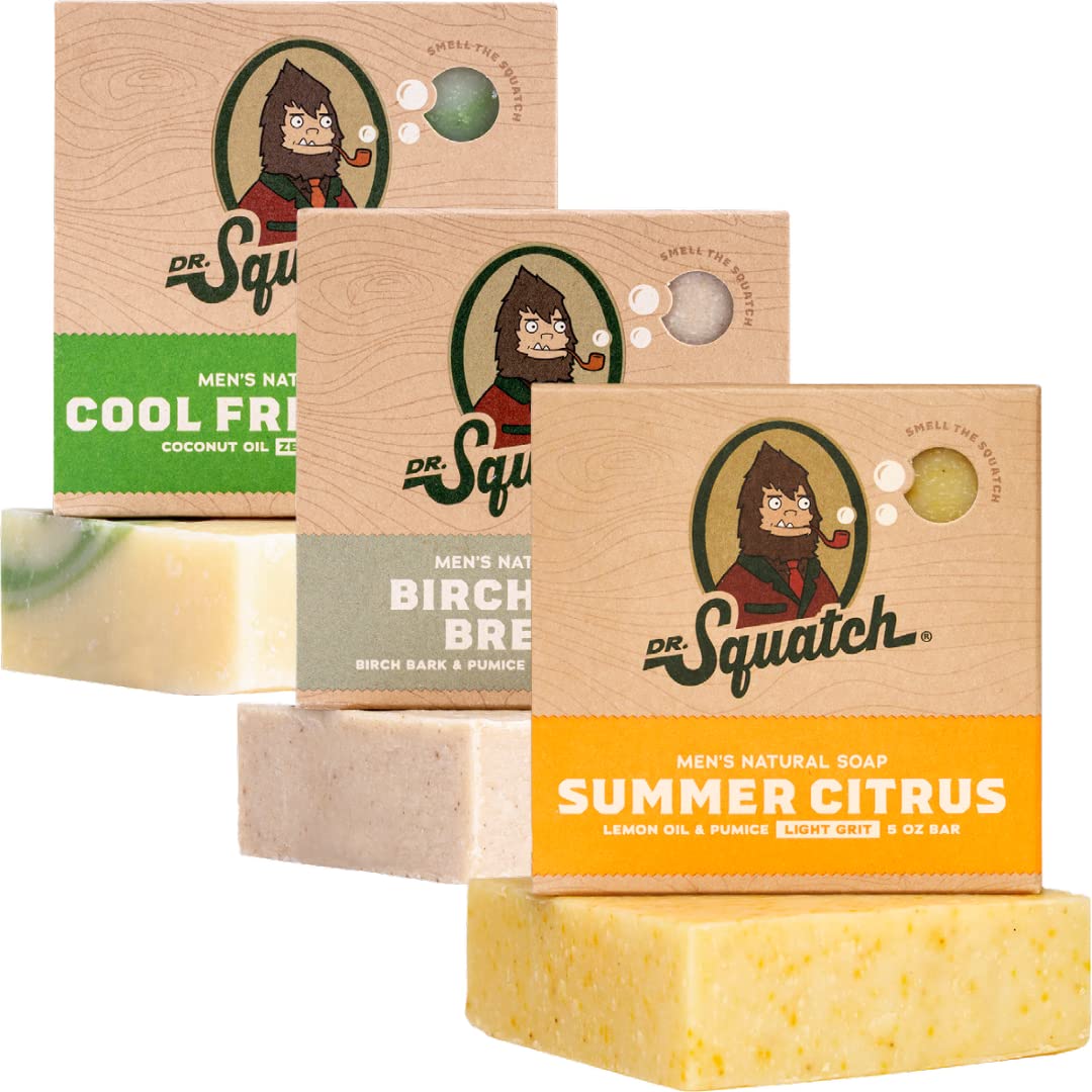 Dr. Squatch Men's Natural Bar Soap from Moisturizing Soap Made from Natural Oils - Cold Process Soap with No Harsh Chemicals - Wood Barrel Bourbon, Fresh Falls, Birchwood Breeze (3 Pack)