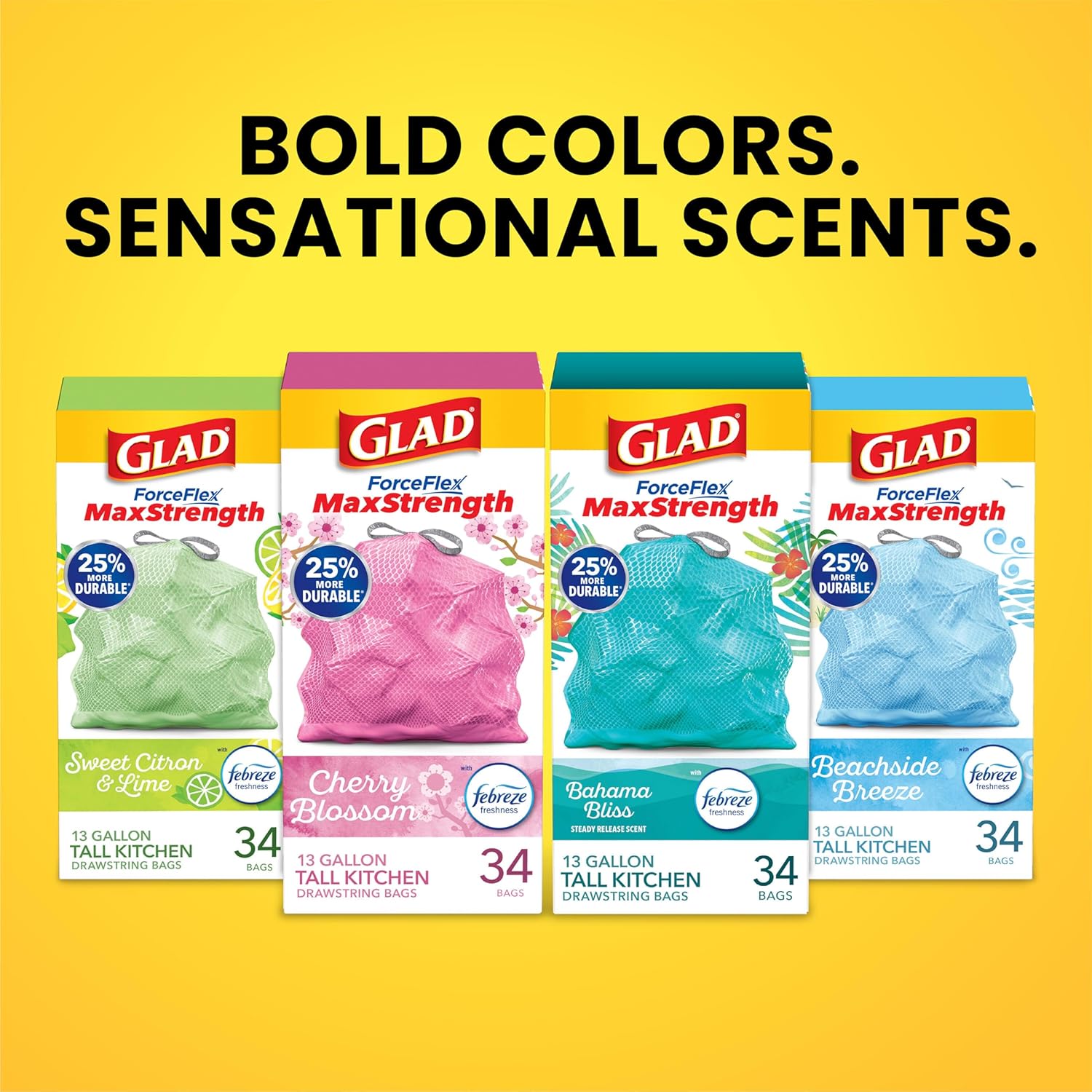 Glad ForceFlex MaxStrength with Clorox Trash Bags, 13 Gal, Lemon Fresh Bleach, 90 Ct, Pack May Vary