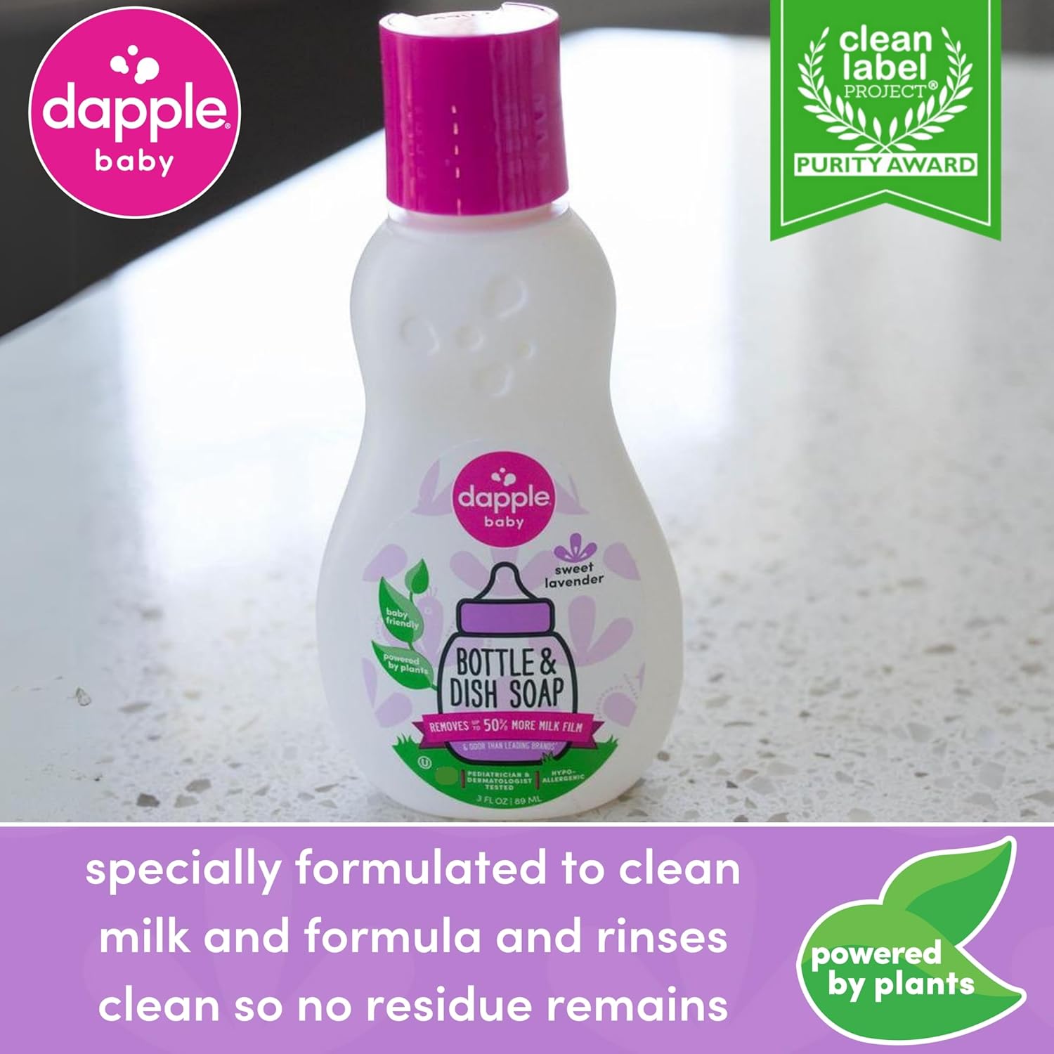 Dapple Baby Bottle Soap, Hypoallergenic Dish Soap for Baby Bottles, Powered by Plants, 1 Pump Included, Packaging May Vary, Fragrance Free, 16.9 Fl Oz (Pack of 3)