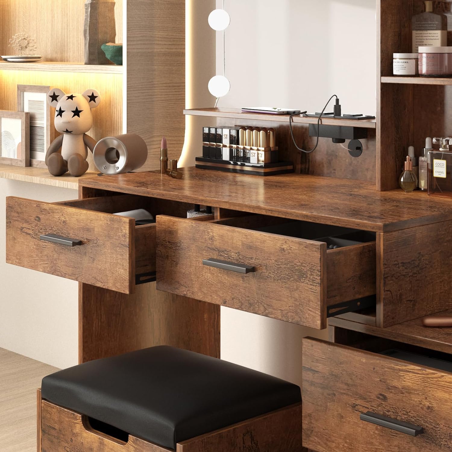 Maupvit Vanity Desk with Mirror and Lights, White Vanity with Bedside Table, 5 Drawers Large Capacity, Metal Silver Handle, Makeup Vanity with 10 Led Lights And Charging Station