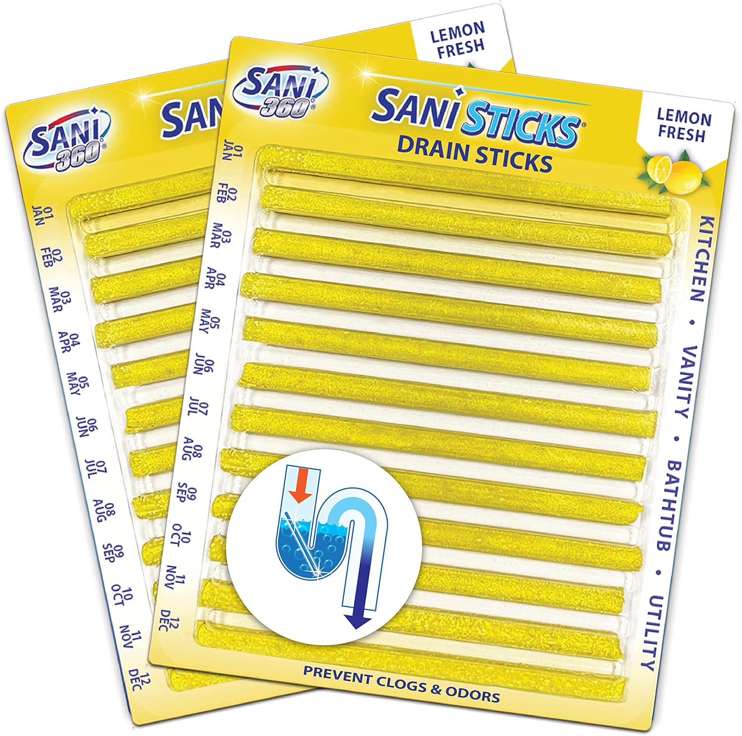 SANI 360° Sani Sticks Drain Cleaner and Deodorizer, Enzyme Pipe Cleaners, Eliminate Odors, Prevent Clogged Drains, Safe for Sinks, Bathtub Drains, Septic Tanks, 24 Count, Lemon Scent
