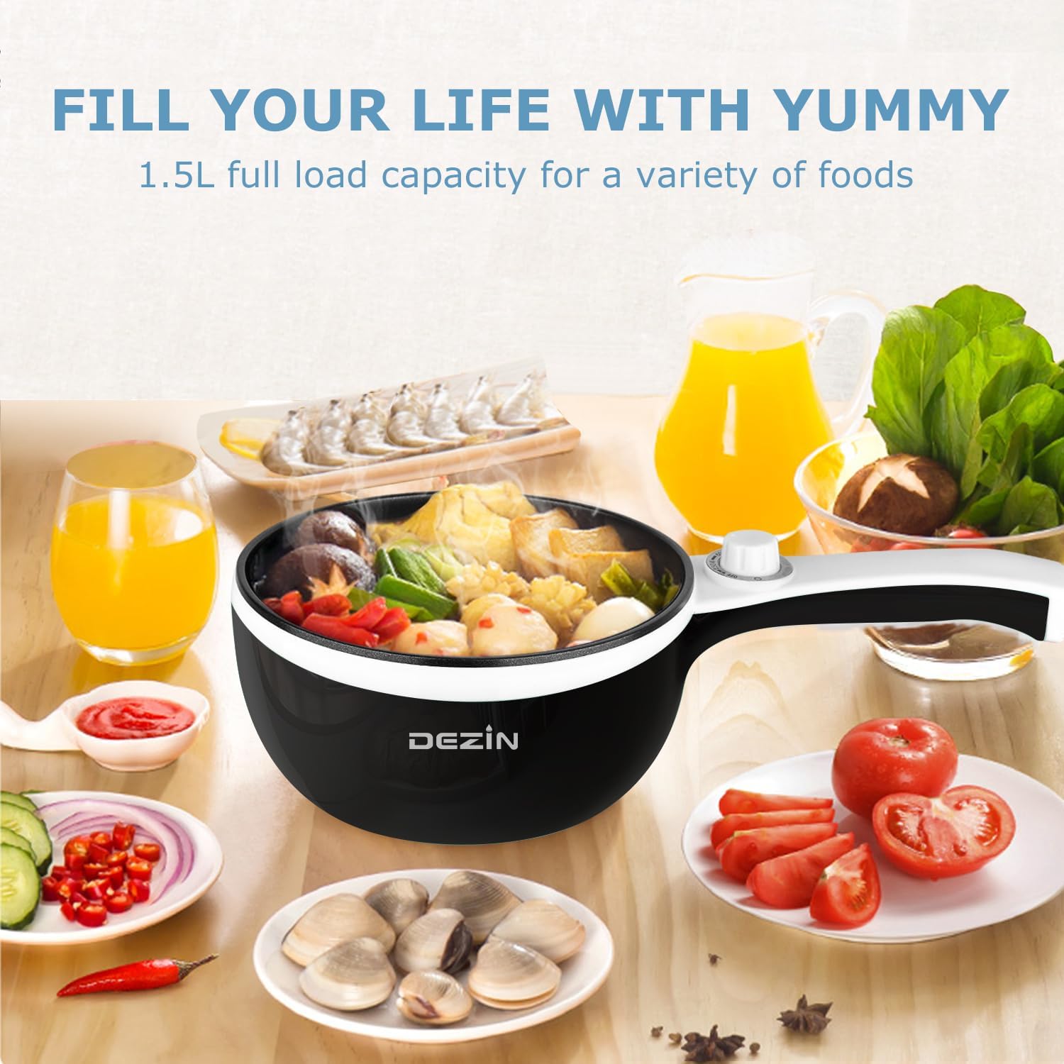 Dezin Hot Pot Electric Upgraded, Non-Stick Sauté Pan, Rapid Noodles Electric Pot, 1.5L Mini Portable Hot Pot for Steak, Egg, Fried Rice, Ramen, Oatmeal, Soup with Power Adjustment(Egg Rack Included)
