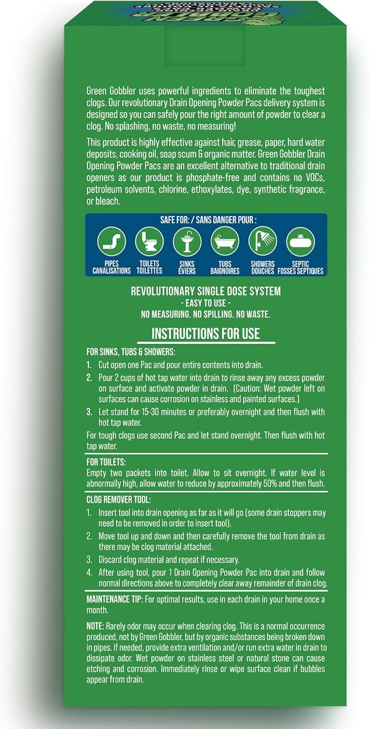 Green Gobbler Drain Clog Remover & Drain Cleaner Powder | 20+ Treatments | Drain Maintenance Breaks Down Grease, Paper, Fat & Oil | Septic Safe