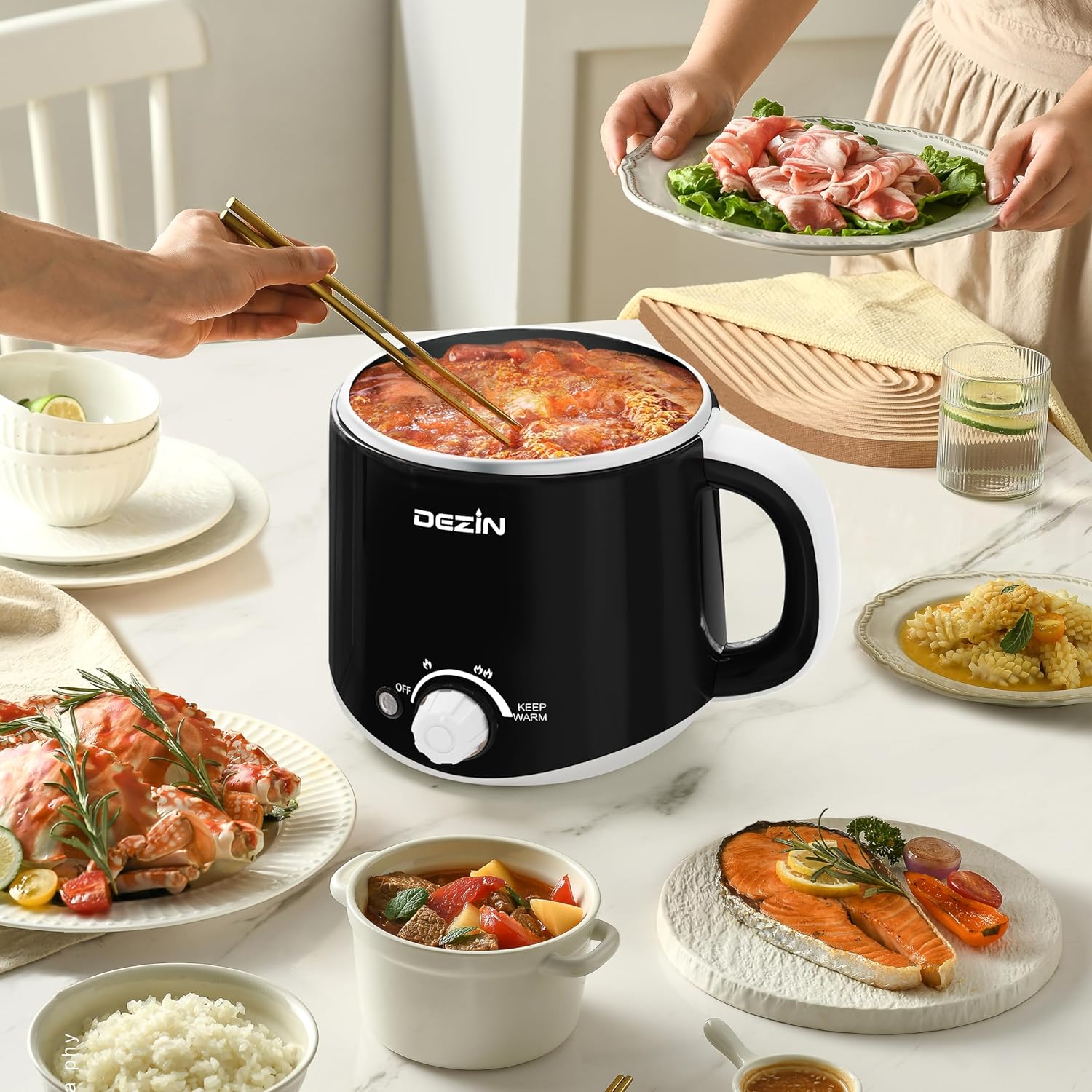 Dezin Electric Pot, 1.6L Ramen Cooker, Hot Pot Electric Stainless Steel, Multifunctional Electric Cooker for Egg, Pasta, Soup, Porridge, Oatmeal with Temperature Control and Keep Warm Function