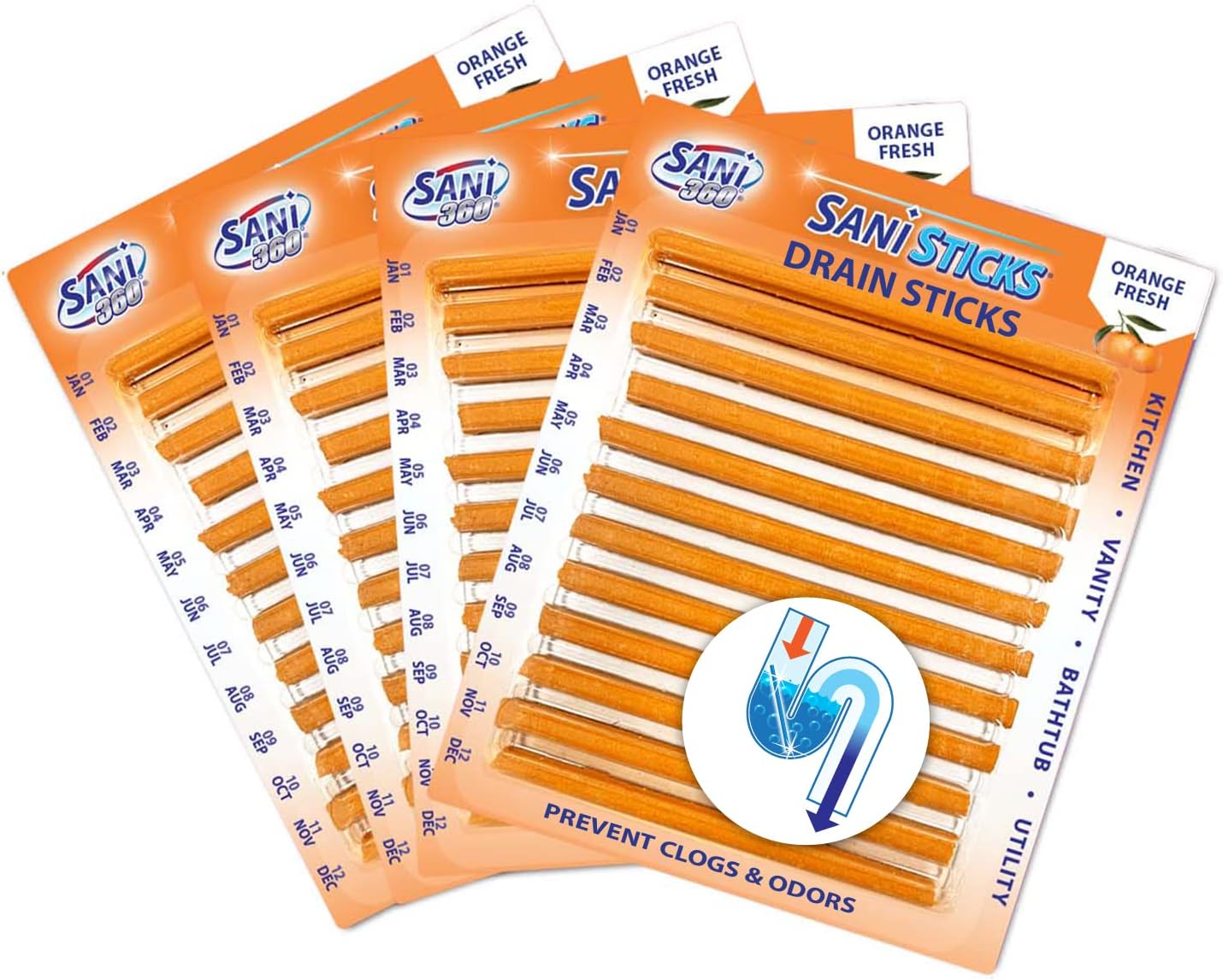 SANI 360° Sani Sticks Drain Cleaner and Deodorizer, Enzyme Pipe Cleaners, Eliminate Odors, Prevent Clogged Drains, Safe for Sinks, Bathtub Drains, Septic Tanks, 24 Count, Lemon Scent