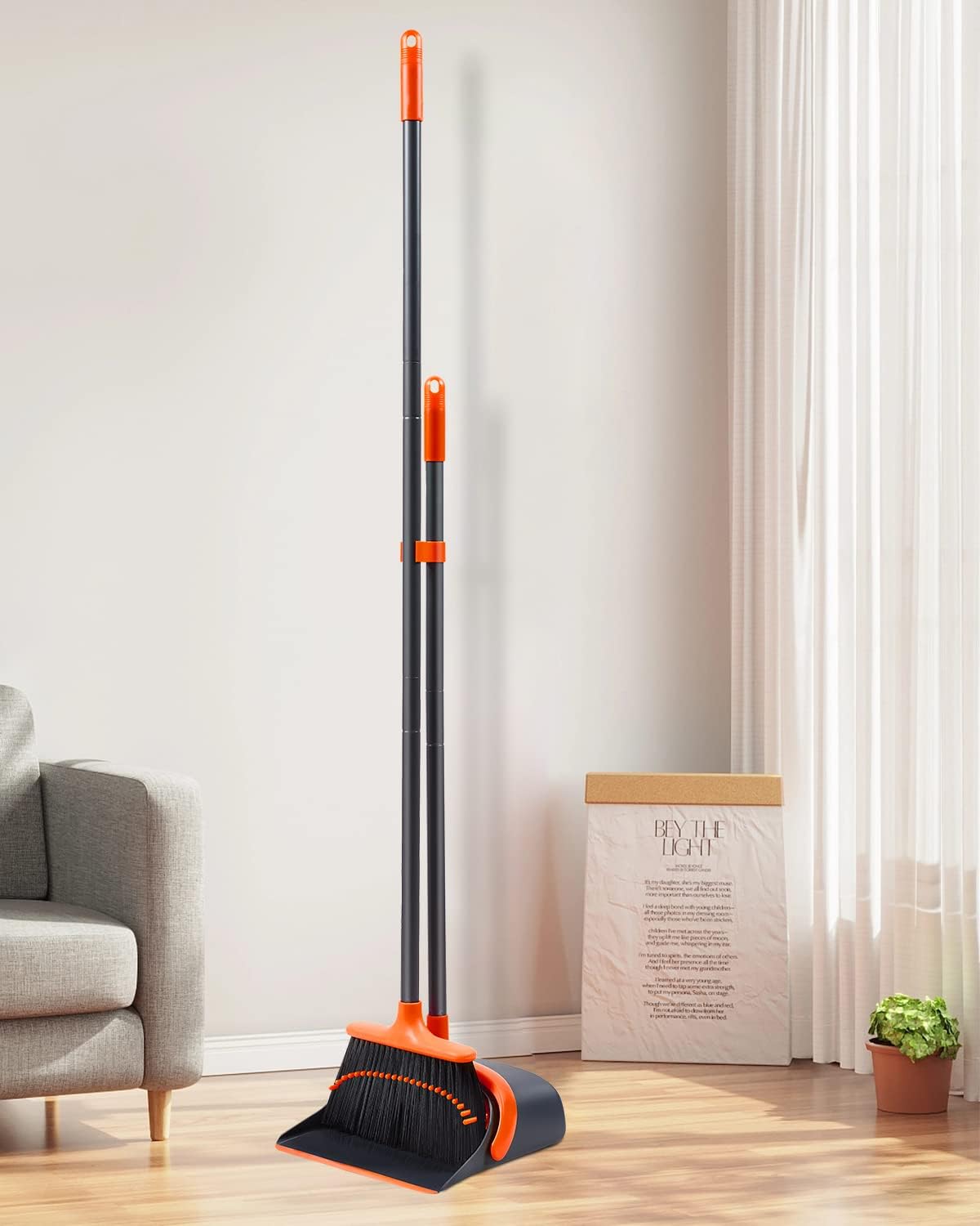 Broom with Dustpan Combo Set, Upgrade Broom and Dustpan Set for Home, 52'' Long Handle Broom and Dustpan Set, Standing Dustpan and Broom for Kitchen Office Lobby Floor