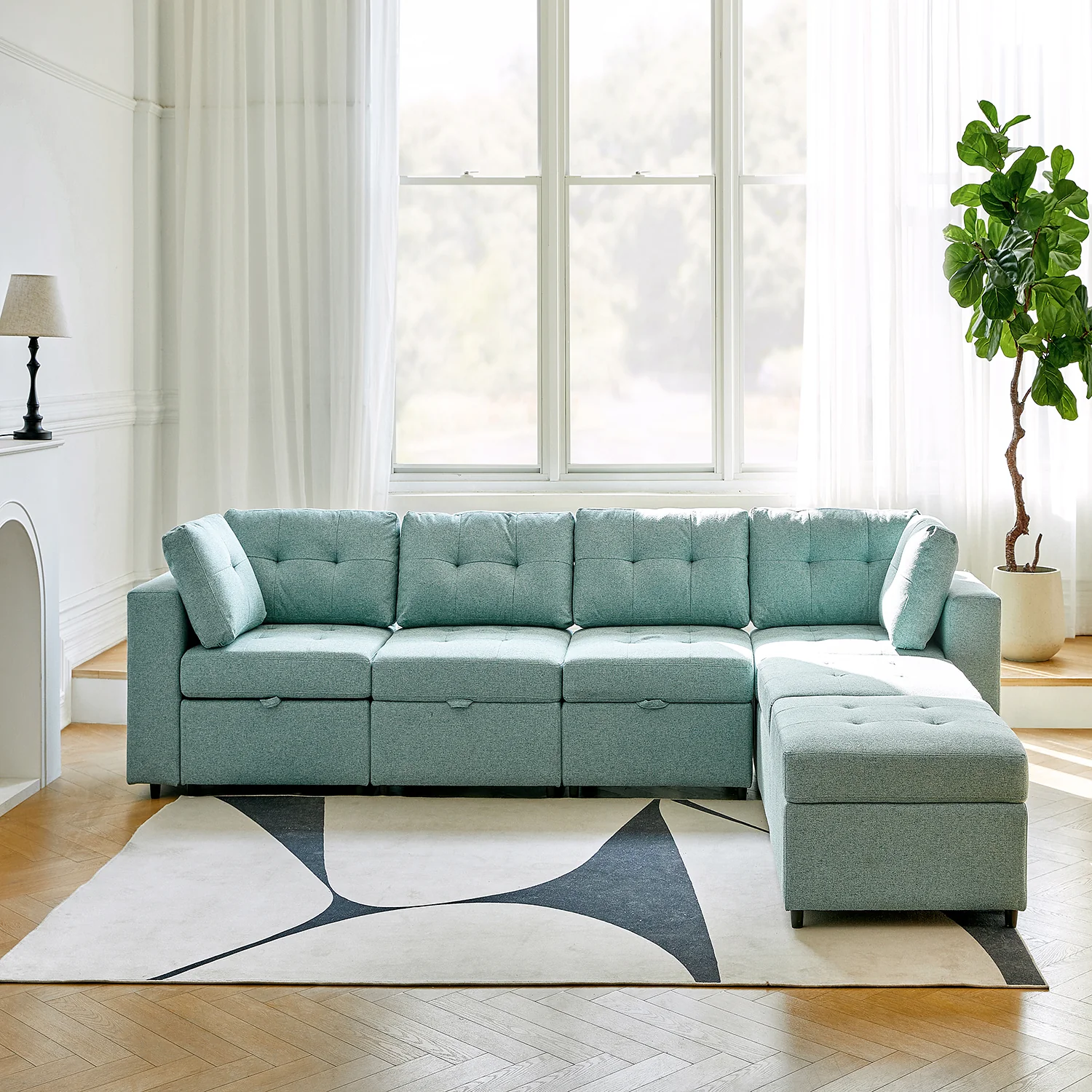 Raquel Sectional Four-Seat Storage Wide Armrests Sofa With Two Ottomans