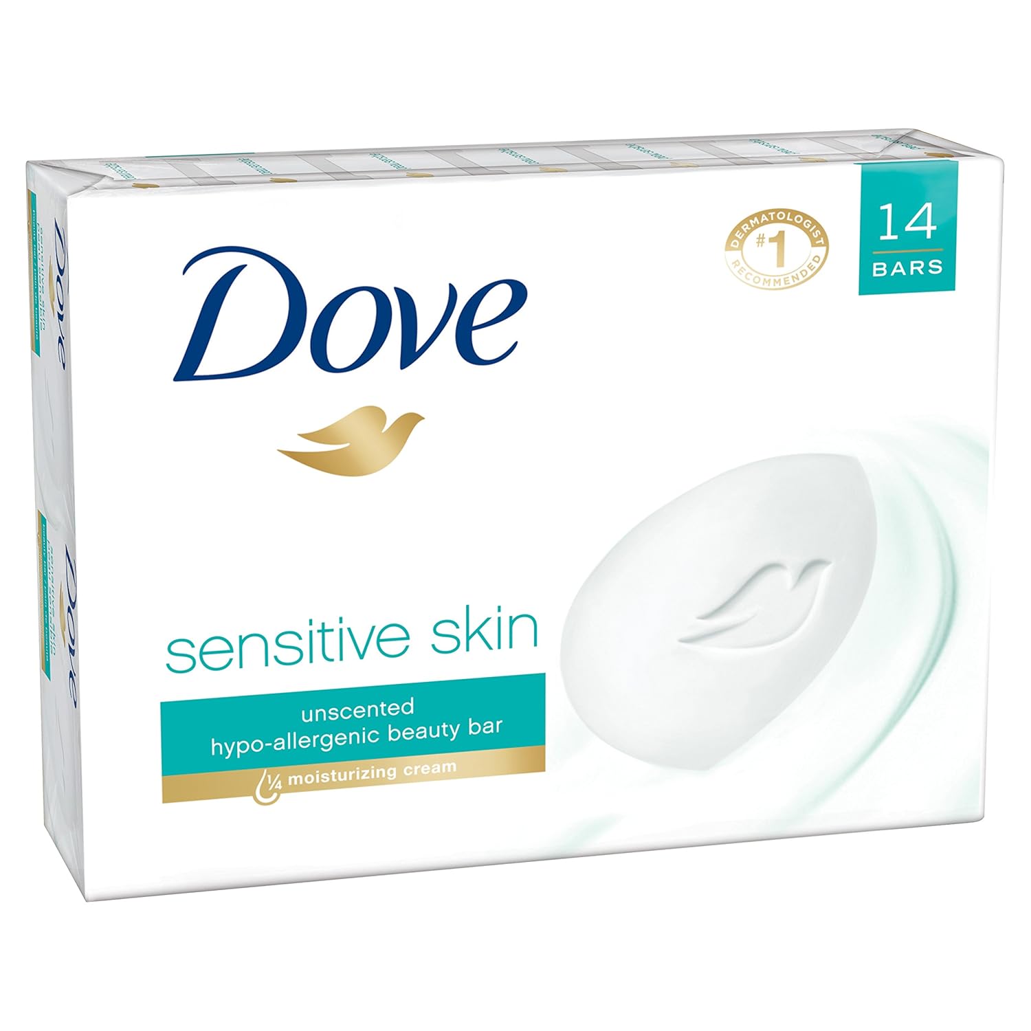 Dove Beauty Bar More Moisturizing Than Bar Soap for Softer Skin, Fragrance-Free, Hypoallergenic Beauty Bar Sensitive Skin With Gentle Cleanser 3.75 oz 14 Bars