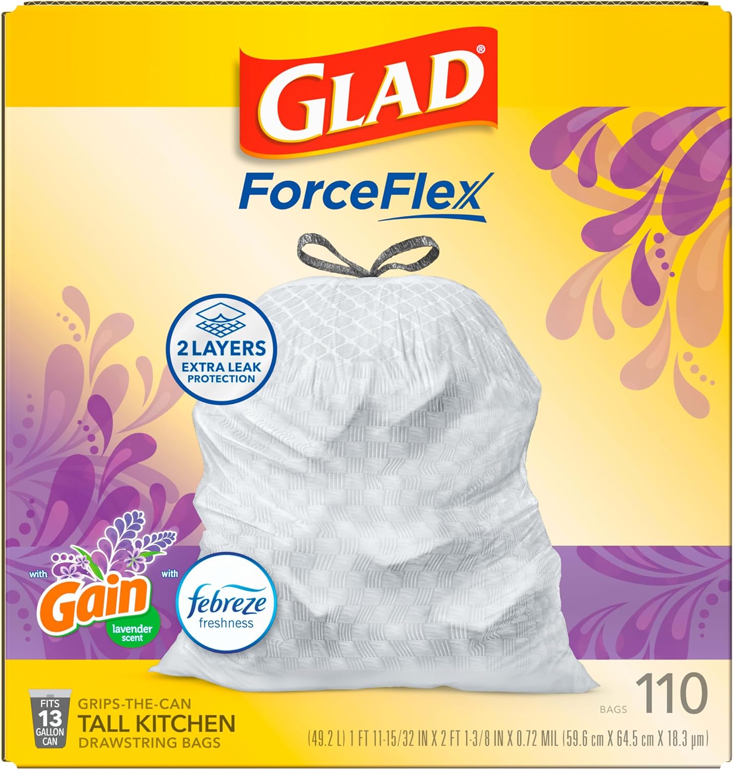 Glad Tall Kitchen Drawstring Trash Bags - Odorshield 13 Gallon White Trash Bag, Febreze Fresh Clean, 110 Count