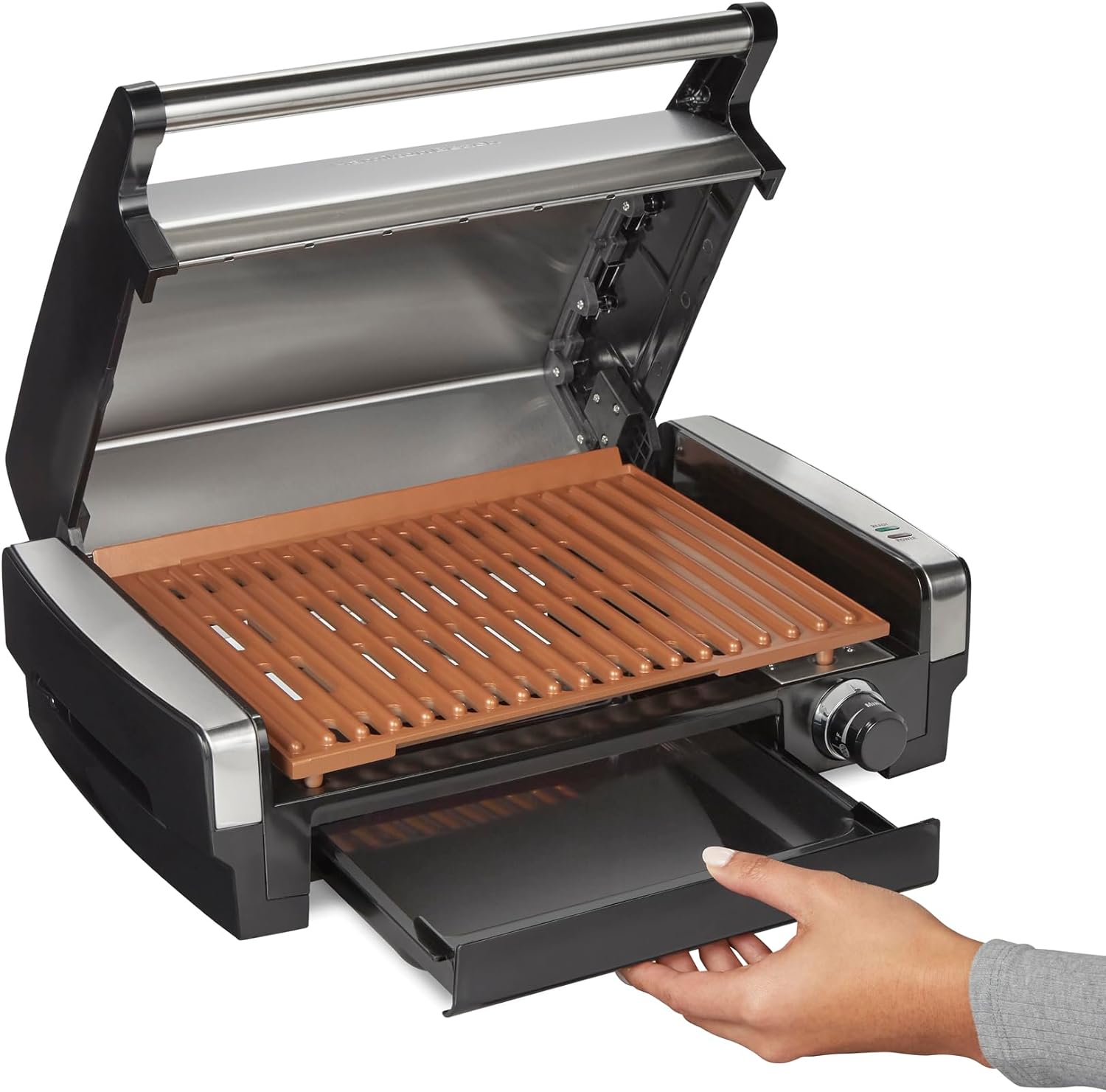 Hamilton Beach Electric Indoor Searing Grill with Viewing Window & Adjustable Temperature Control to 450F, 118 sq. in. Surface Serves 6, Removable Nonstick Grate, Stainless Steel