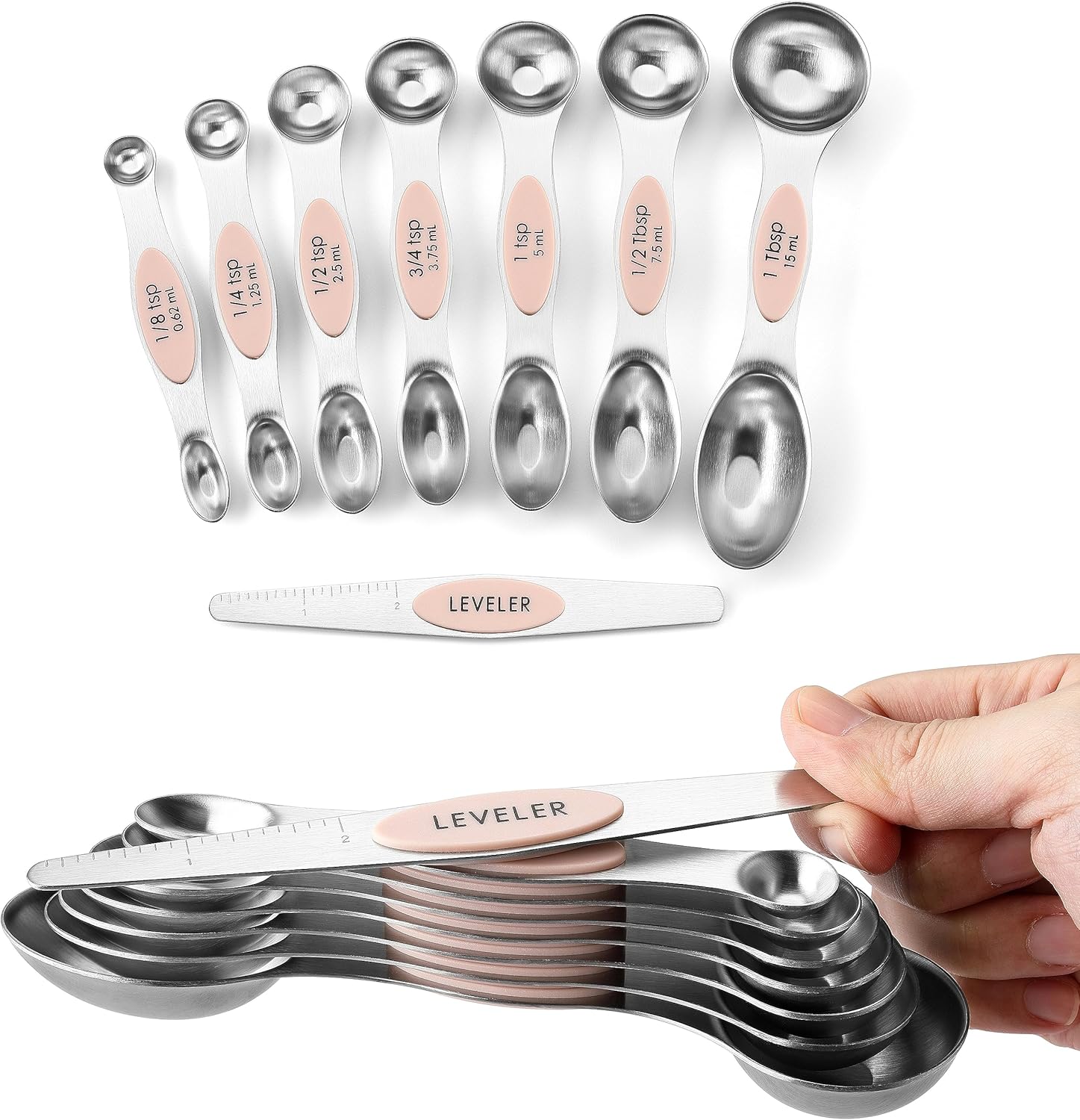 Spring Chef Magnetic Measuring Spoons Set with Strong N45 Magnets, Heavy Duty Stainless Steel Metal, Fits in Most Kitchen Spice Jars for Baking & Cooking, BPA Free, Black, Set of 8 with Leveler