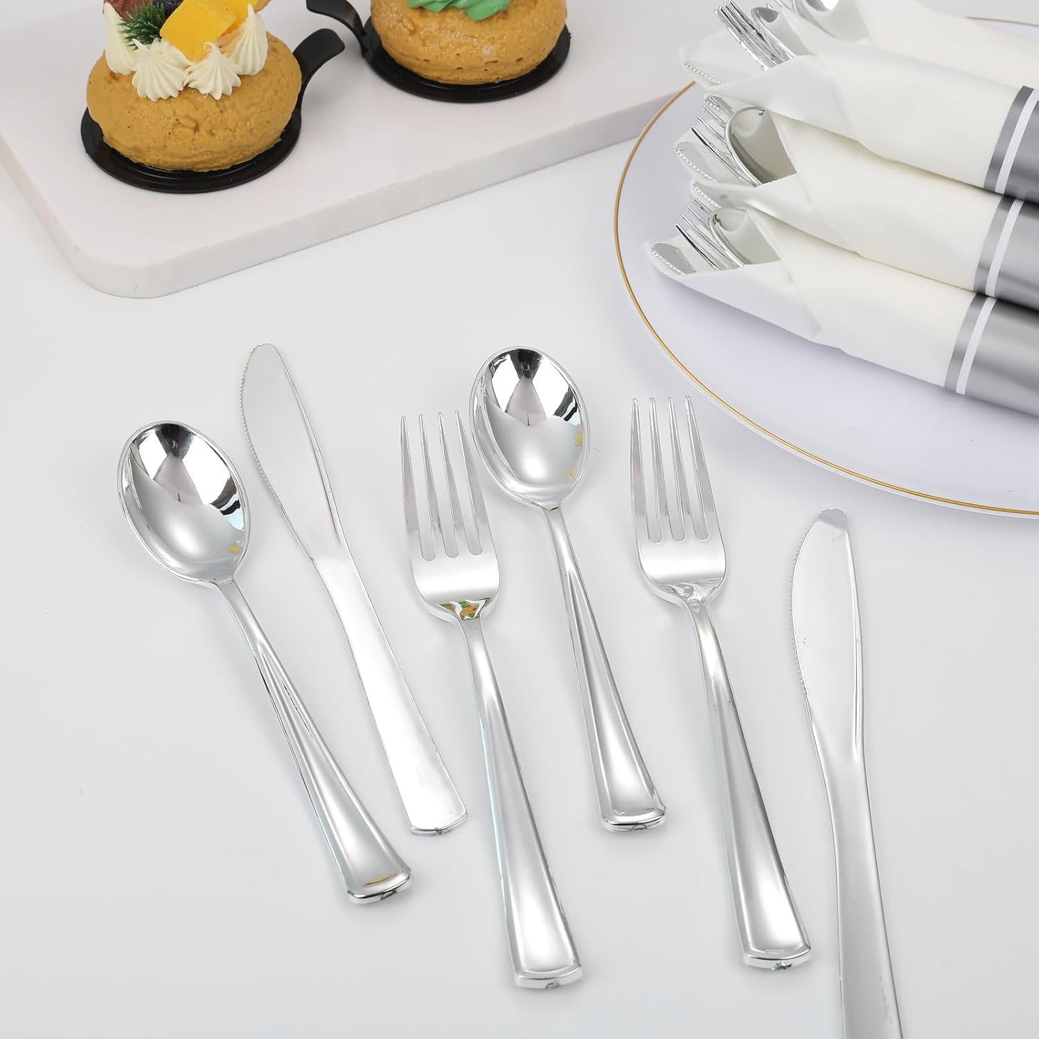 Supernal 60 Pack Pre Rolled Napkins with Gold Plastic Silverware, Premium Disposable Gold Wrapped Cutlery Set Includes: 60 Forks 60 Knives 60 Spoons 60 Napkin for Party