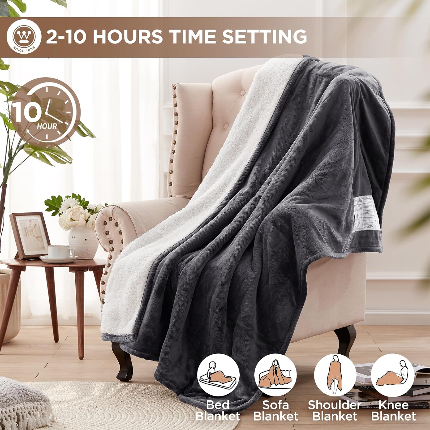 Westinghouse Heated Throw Blanket, Soft Flannel to Sherpa Electric Throw with 6 Heating Levels, 2-10 Hours Time Settings, Fast Heating, Machine Washable 50x60 Inch, Charcoal