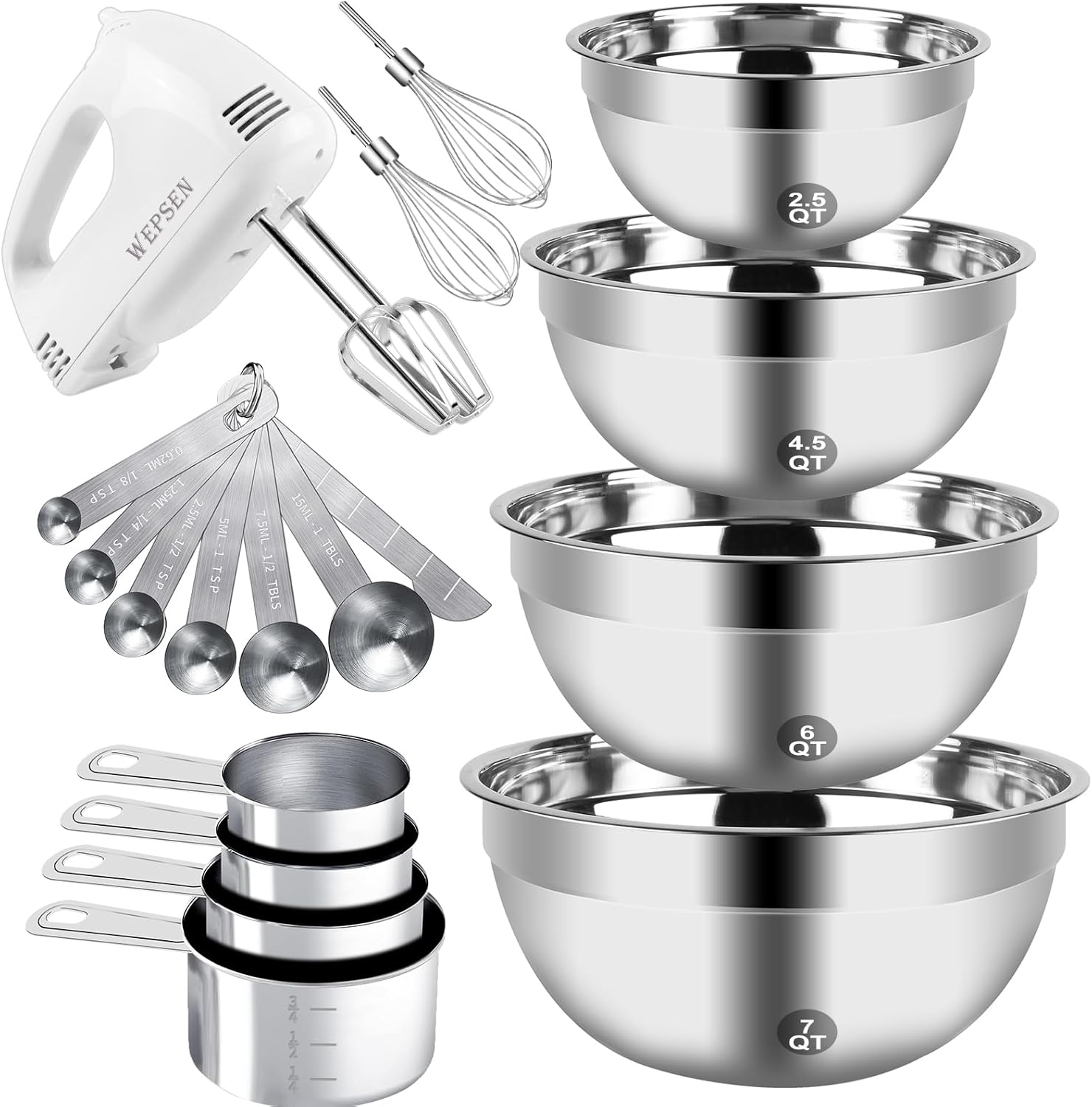 Hand Mixer Electric Mixing Bowls Set, 5 Speeds Handheld Mixer with 4 Nesting Stainless Steel Mixing Bowl, Measuring Cups Spoons 200W Kitchen Blender Whisk Beater Baking Supplies For Beginner