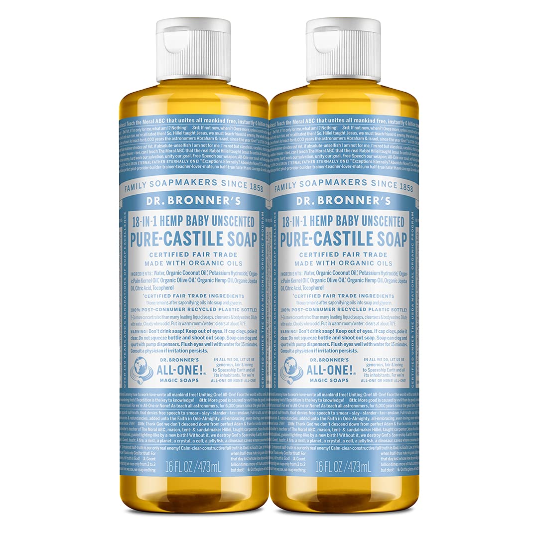 Dr. Bronner's - Pure-Castile Liquid Soap (Baby Unscented, 8 Ounce) - Made with Organic Oils, 18-in-1 Uses: Face, Hair, Laundry, Dishes, For Sensitive Skin, Babies, No Added Fragrance, Vegan, Non-GMO