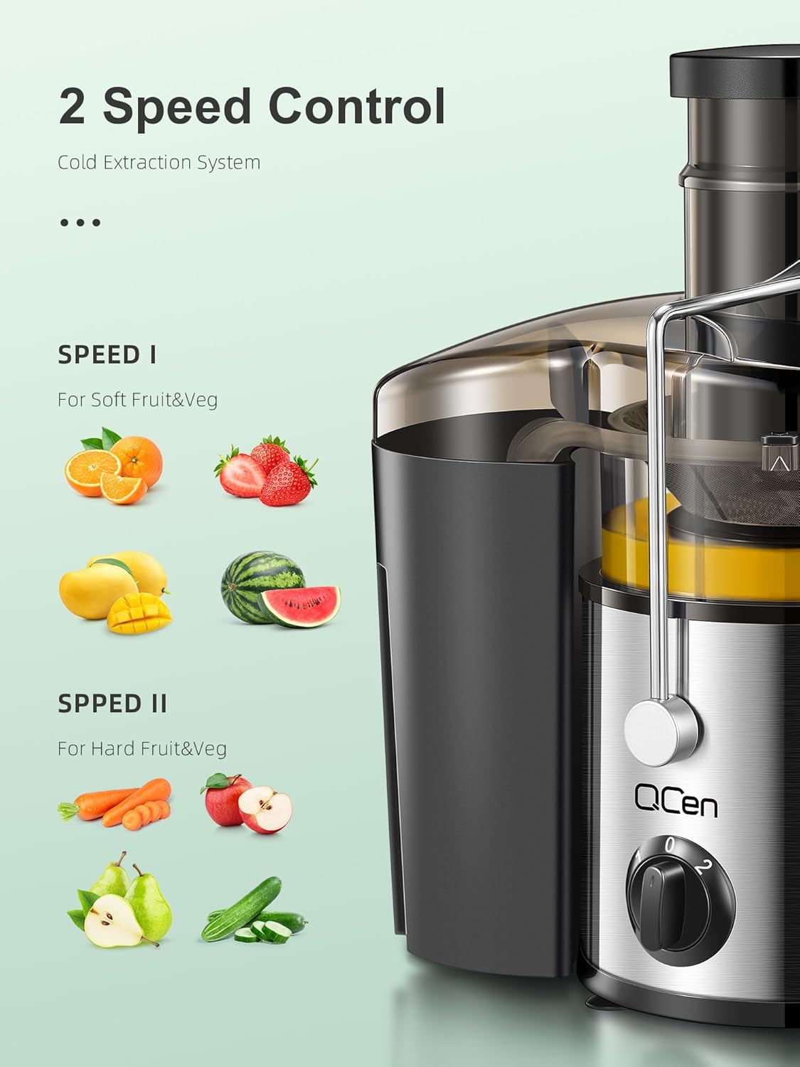 Qcen Juicer Machine, 800W Centrifugal Juicer Extractor with Wide Mouth 3” Feed Chute for Fruit Vegetable, Easy to Clean, Stainless Steel, BPA-free (Black)