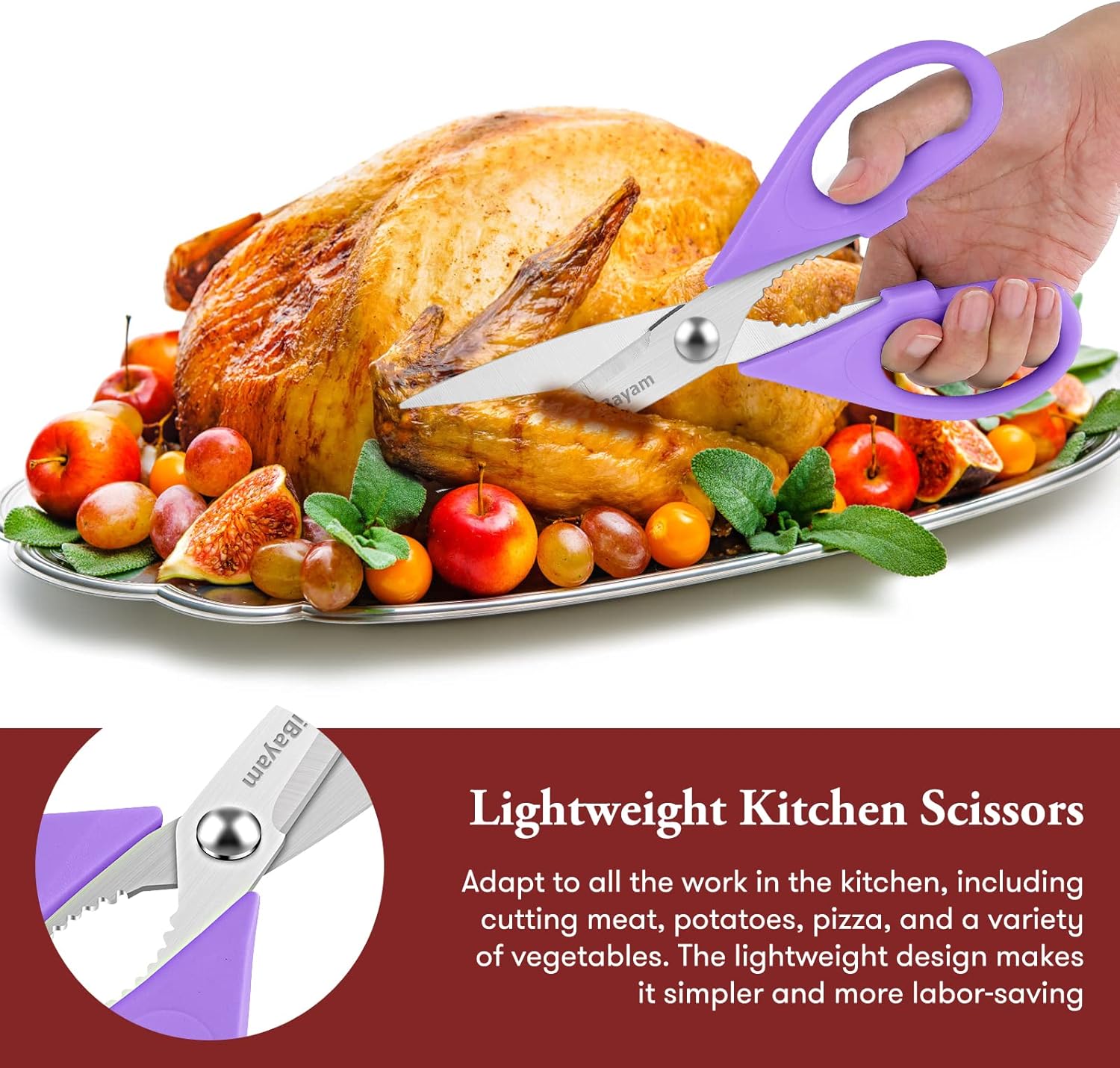 iBayam Kitchen Scissors All Purpose Heavy Duty Meat Poultry Shears, Dishwasher Safe Food Cooking Scissors Stainless Steel Utility Scissors, 2-Pack (Black Red, Black Gray)