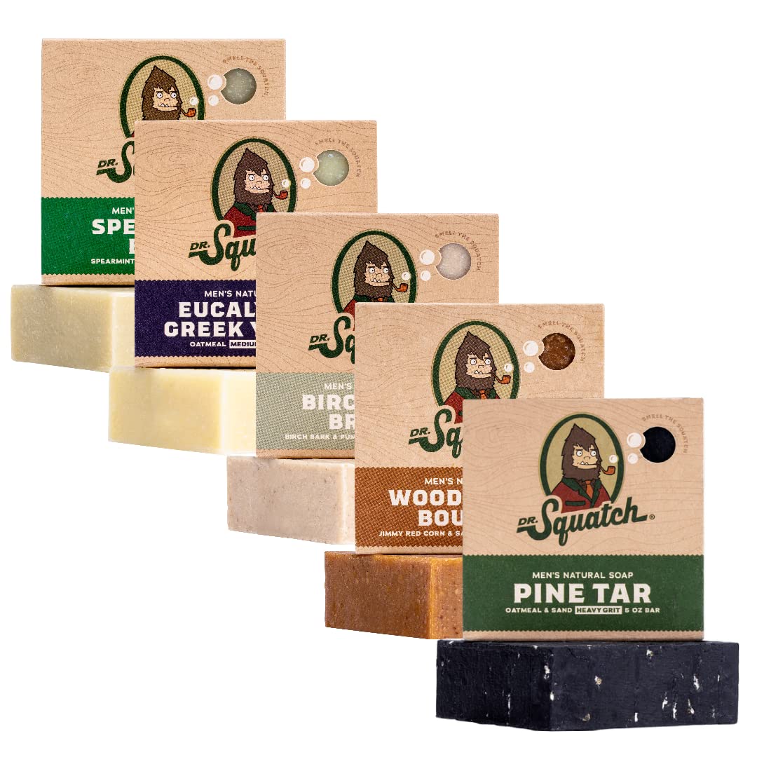 Dr. Squatch All Natural Bar Soap for Men, 5 Bar Variety Pack - Men's Natural Bar Soap - Rainforest Rapids, Coconut Castaway, Fresh Falls, Summer Citrus, and Eucalyptus Greek Yogurt - Soap Gift