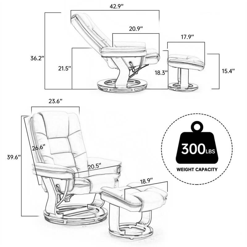 Contemporary Multi-Position Recliner and Curved Ottoman with Swivel Base