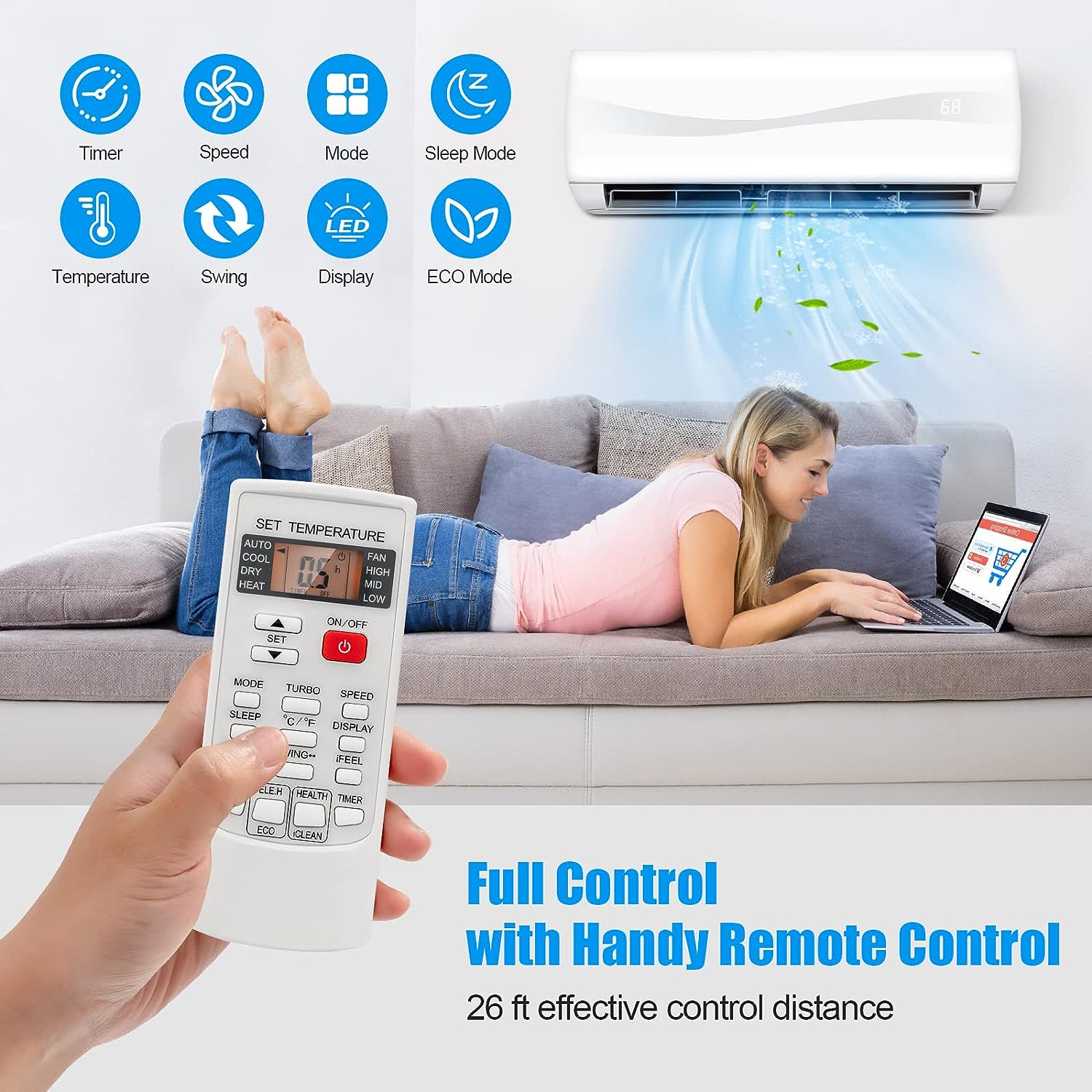 2025 PETSITE 18000 BTU Air Conditioner, 19 SEER2 208-230V Wall Mounted Ductless AC Unit Energy Saving with Installation Kit Cools Rooms up to 1250 Sq. Ft, White