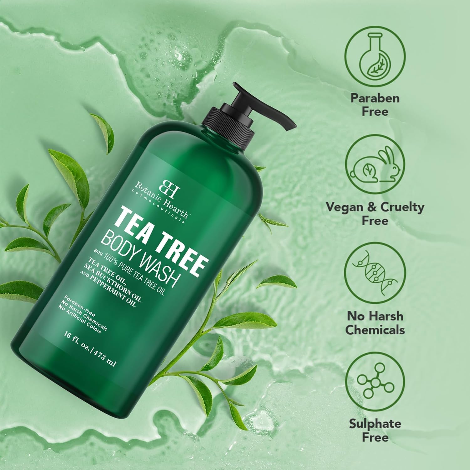 Botanic Hearth Tea Tree Body Wash - 16 fl oz - Helps Soothe Itchy, Dry Skin, Antifungal Body Wash with 100% Pure Tea Tree Oil - Sulfate Free, Paraben Free, for Men and Women