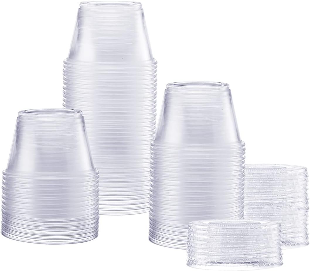 Comfy Package [2 oz. - 100 Count Clear Disposable Plastic Portion Cups with Lids - Soufflé Cups, Jello Shot Cups With Lids, Clear Plastic Containers Perfect for salad Dressing and More