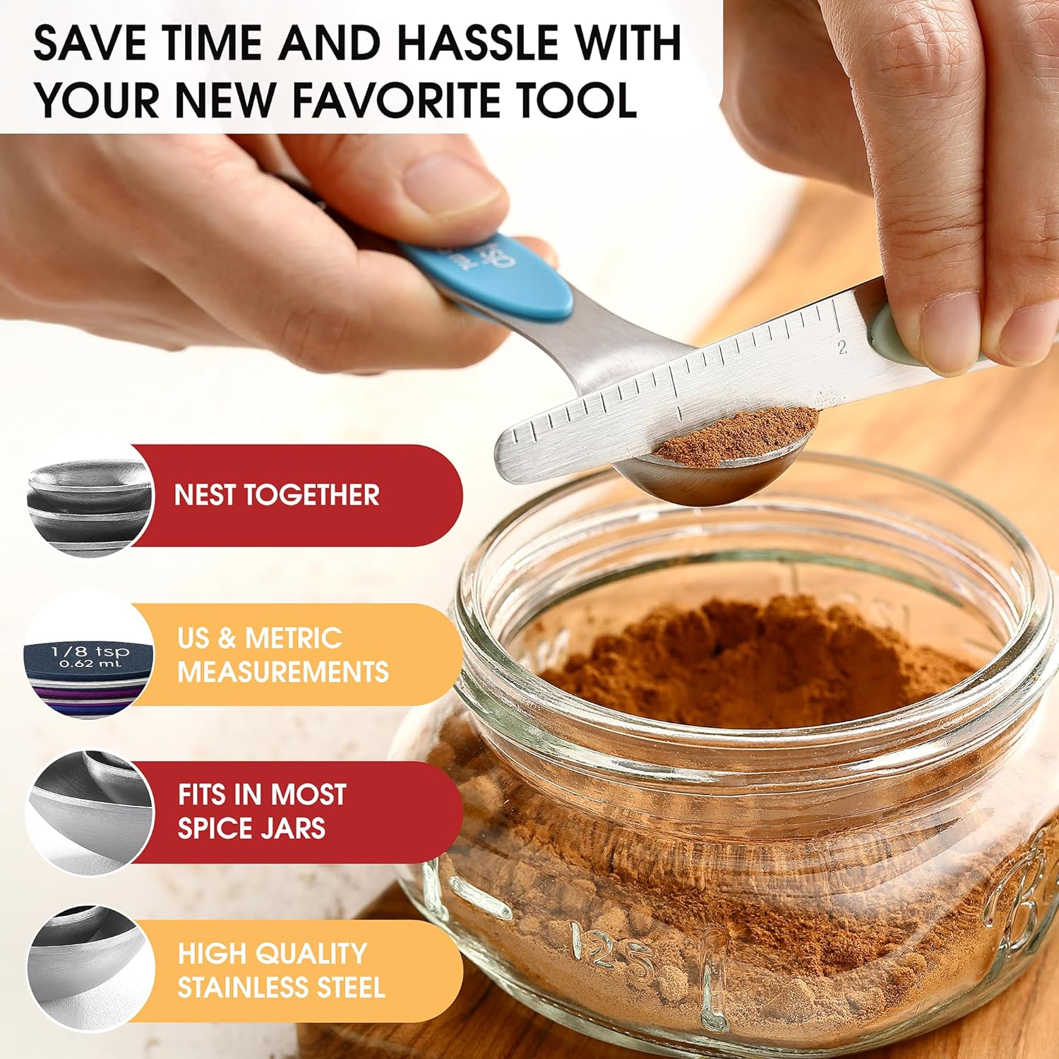 Spring Chef Magnetic Measuring Spoons Set with Strong N45 Magnets, Heavy Duty Stainless Steel Metal, Fits in Most Kitchen Spice Jars for Baking & Cooking, BPA Free, Black, Set of 8 with Leveler