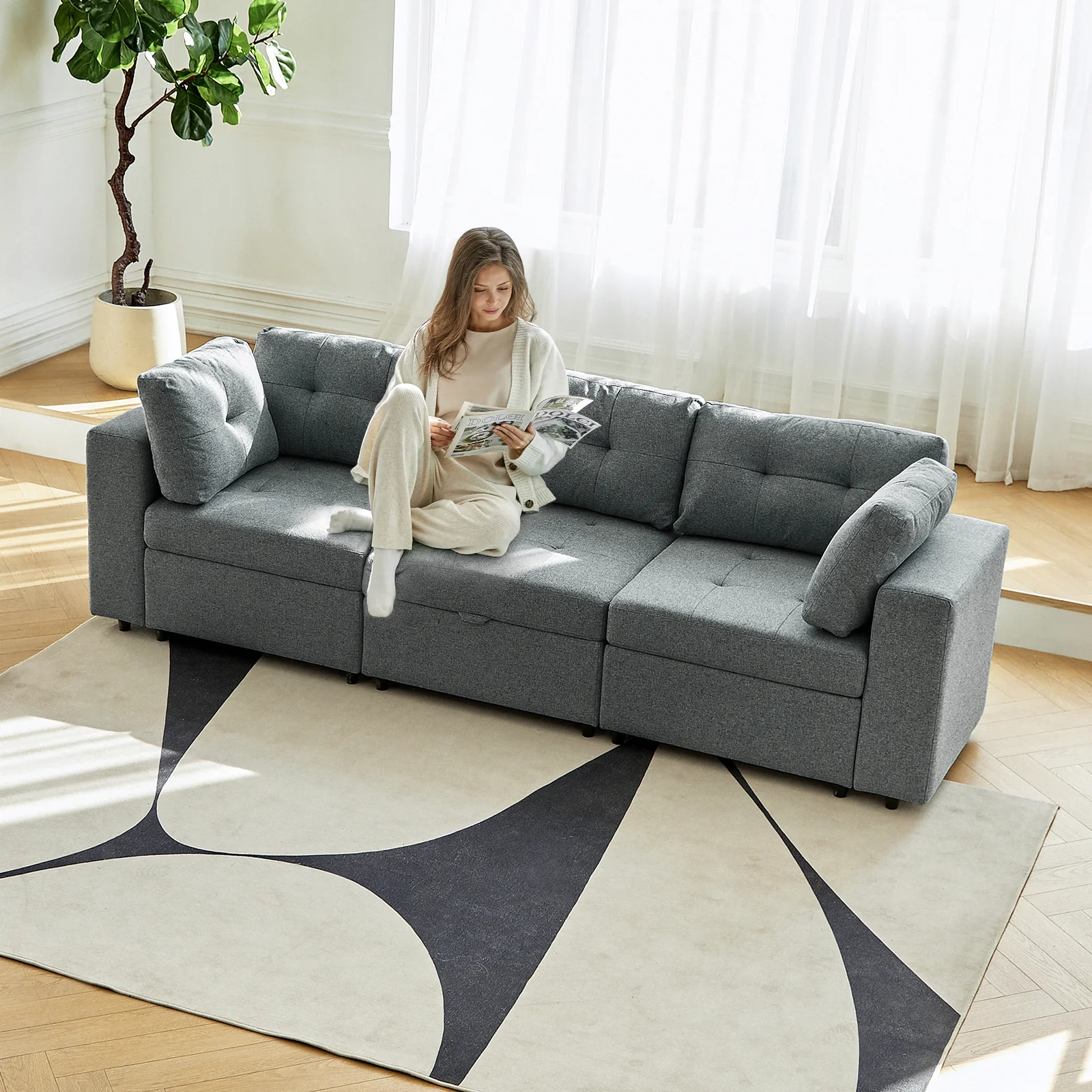 Raquel Sectional Three-Seat Storage Wide Armrests Sofa