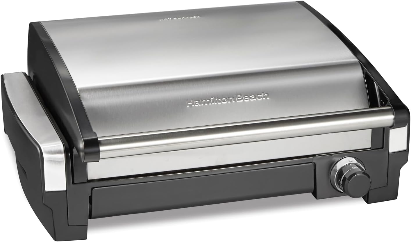 Hamilton Beach Electric Indoor Searing Grill with Viewing Window & Adjustable Temperature Control to 450F, 118 sq. in. Surface Serves 6, Removable Nonstick Grate, Stainless Steel