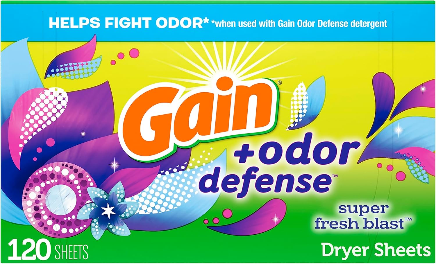Gain + Odor Defense Dryer Sheets, Super Fresh Blast Scent Fabric Softener Sheets, 240 ct