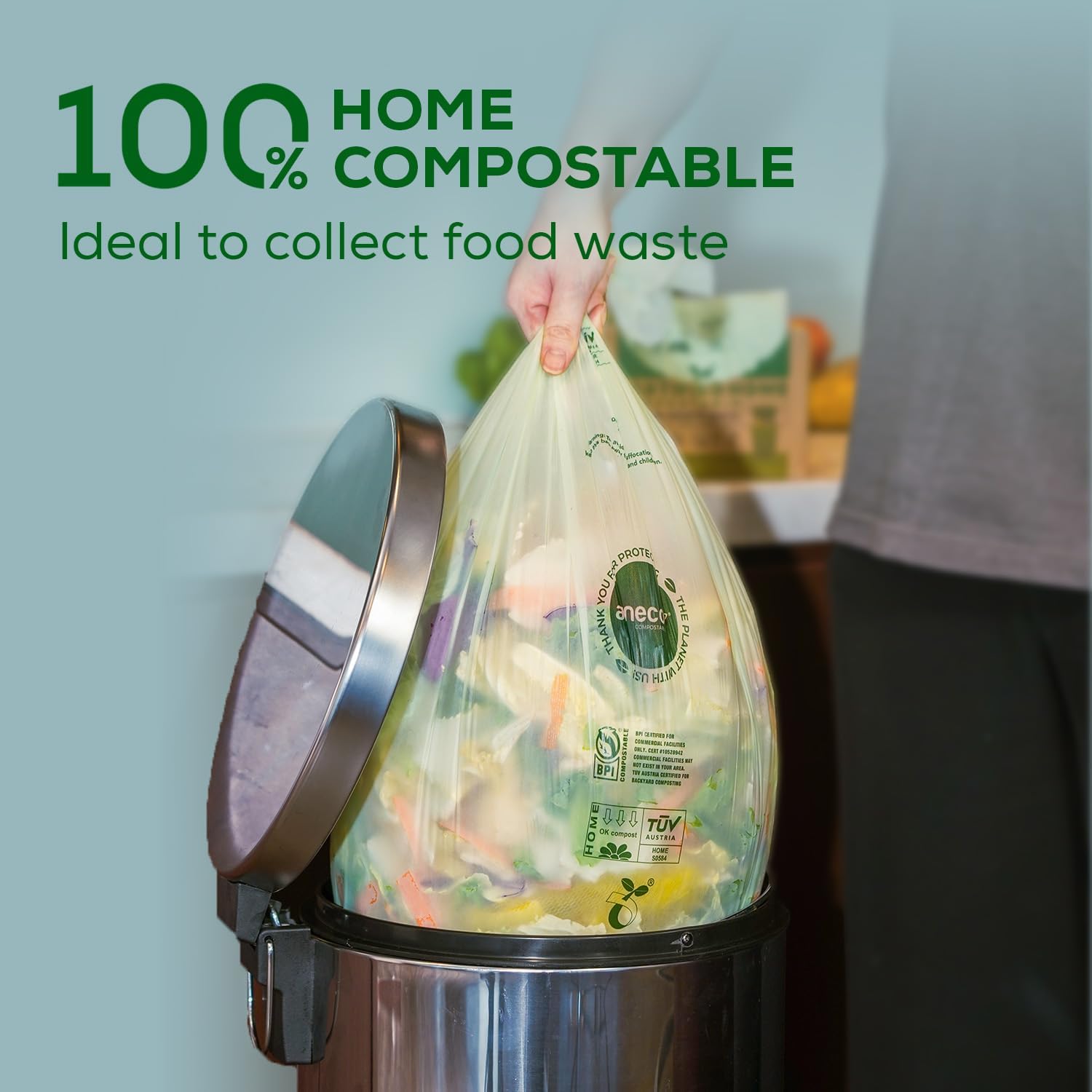 ANECO 100% Compostable Waste Bags 2.6 Gallon, Extra Thick Kitchen Small Compost Bags for Countertop Bin (100 Count)