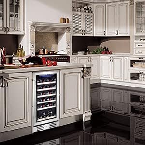 Kalamera 24 inch Wine Cooler, 46 Bottle - Dual Zone Built-in or Freestanding Fridge with Stainless Steel Reversible Glass Door, for Home, Kitchen, or Office.