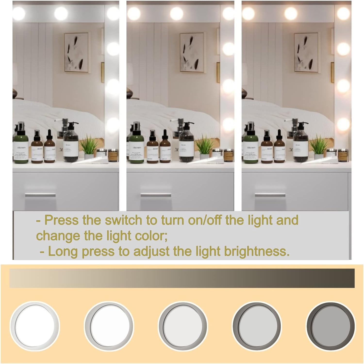 Irontar Vanity Desk, Makeup Vanity with 10 LED Lights & 7 Metal Sliding Drawers, Brightness Adjustable, Vanity Table with 6 Open Shelves, Bedroom Makeup Table for Women Girls, White WDT005W