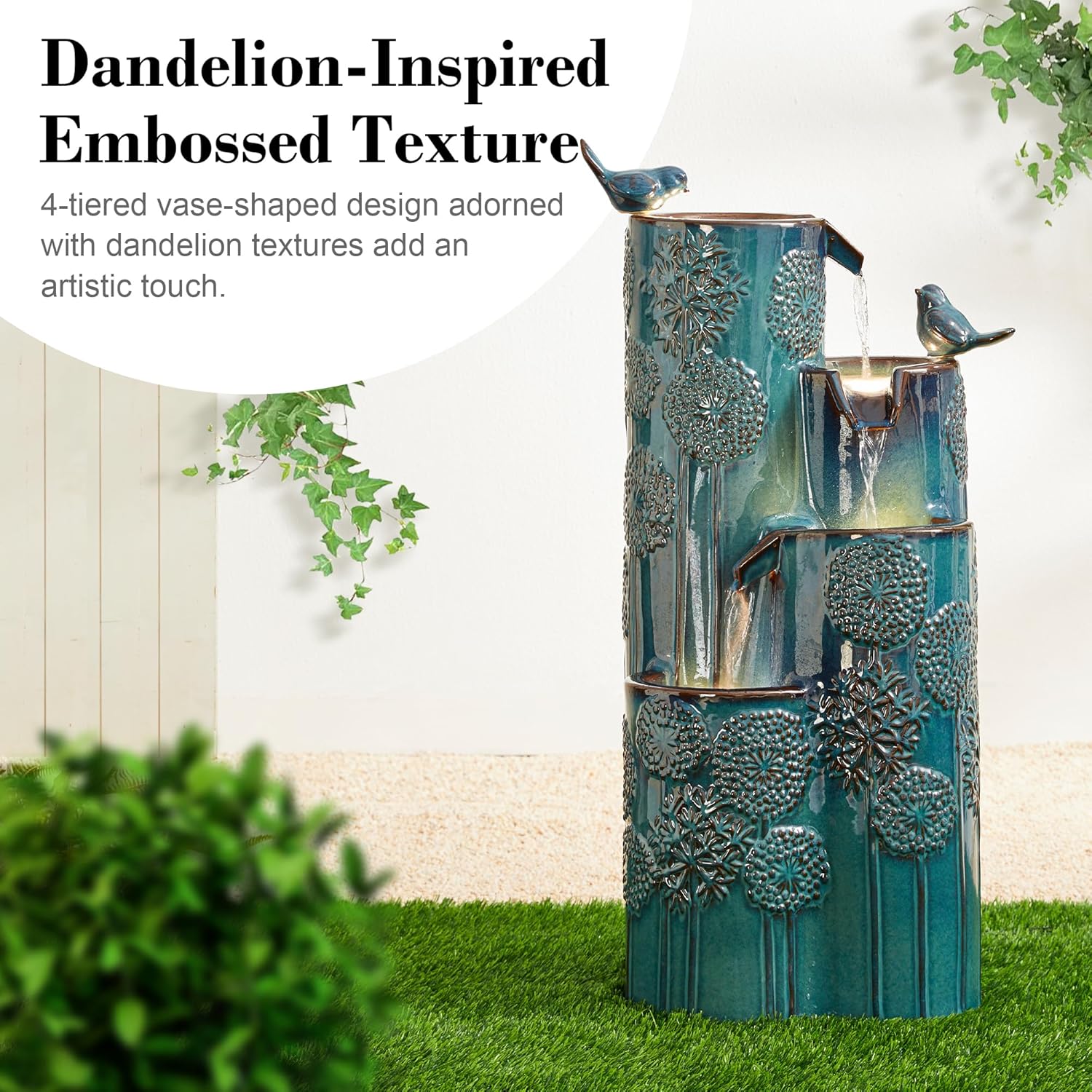 Outdoor Water Fountain with LED Lights and Pump, 4 Tier Dandelion Texture Vase Shaped Ceramic Floor Standing Fountain with Birds for Porch Deck Garden Patio Backyard, Turquoise