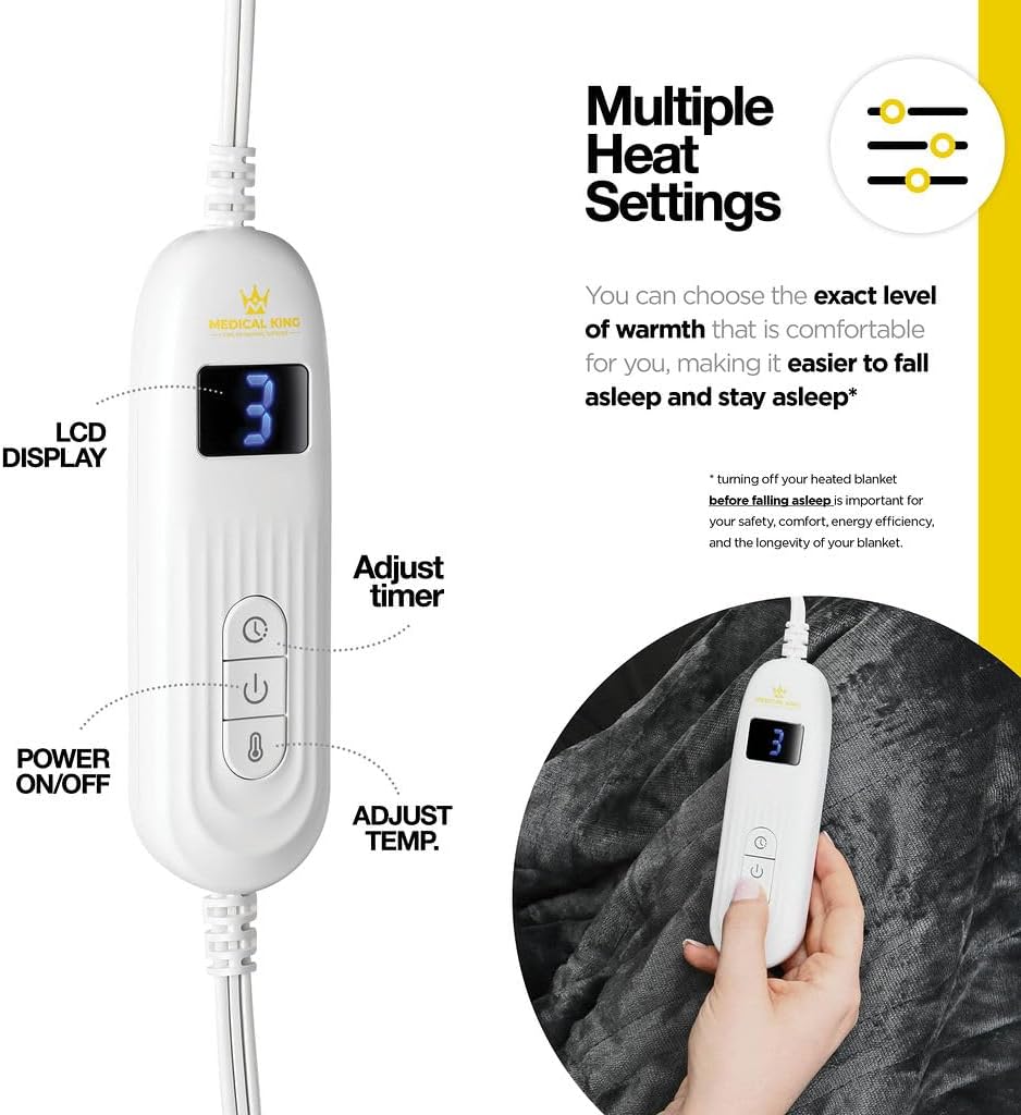 Medical king Heated Blanket, Machine Washable Extremely Soft & Comfortable Electric Blanket Throw Fast Heating with Hand Controller 10 Heating Settings & auto Shut-Off (Gray, 50 x 60)