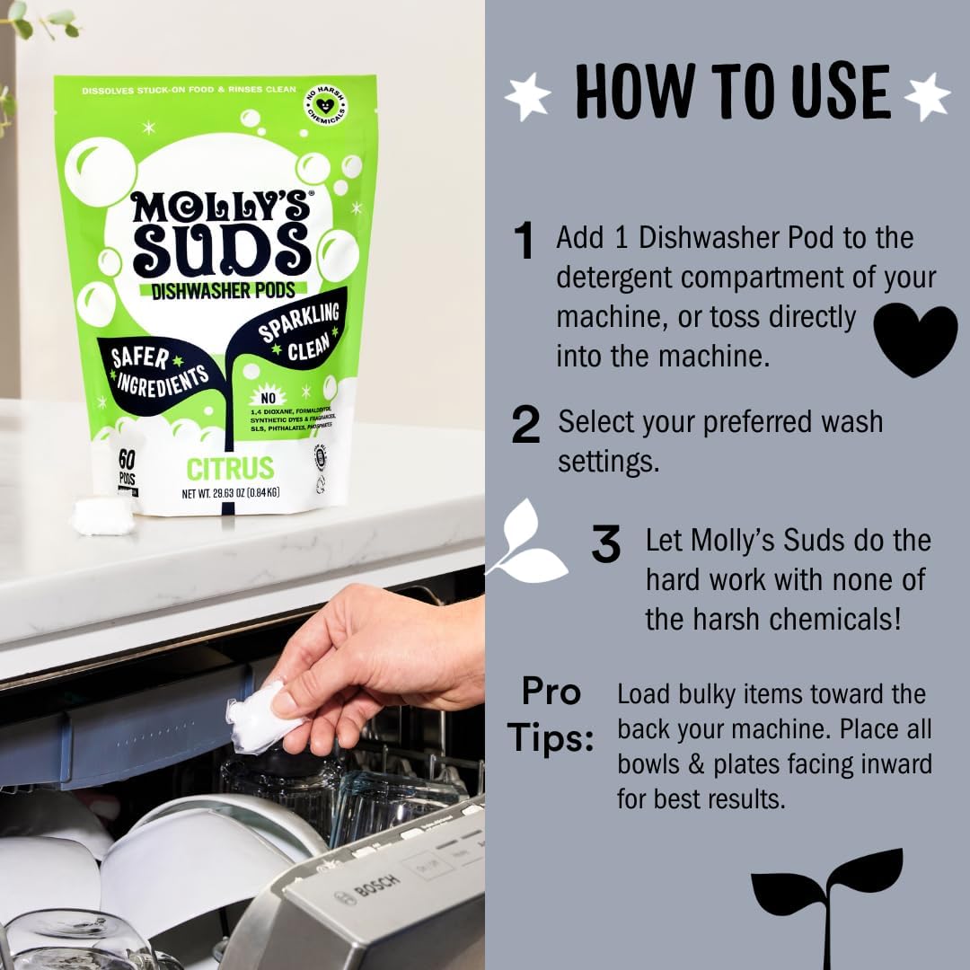 Molly's Suds Dishwasher Pods | Natural Dishwasher Detergent, Cuts Grease & Rinses Clean (Residue-Free) for Sparkling Dishes | 60 Auto-Release Tabs (Unscented)