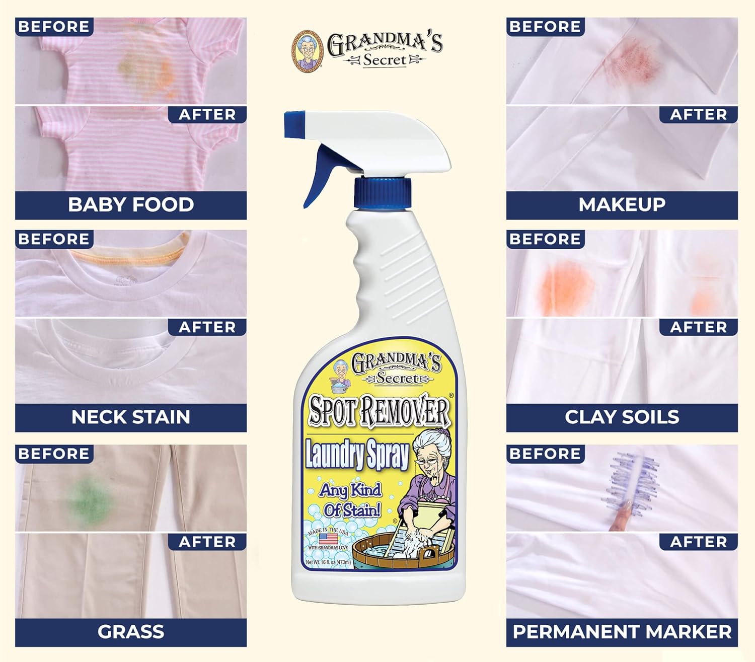 Grandma's Secret Spot Remover Laundry Spray - Chlorine, Bleach and Toxin-Free Fabric Stain Remover for Clothes - Removes Oil, Paint, Blood and Pet Stains - 16 Oz, 2 Pack