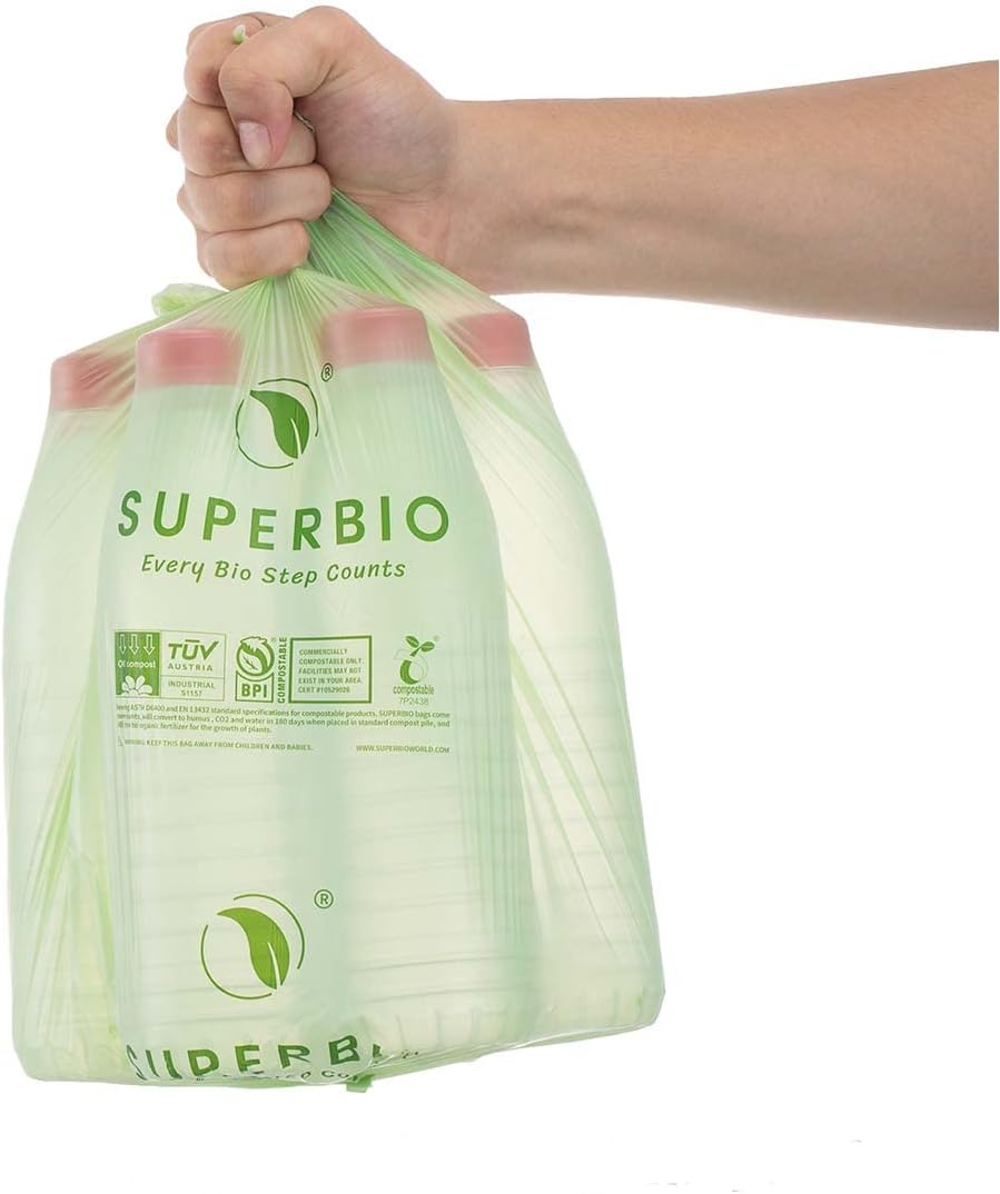 SUPERBIO 1.6 Gallon Handle Tie Compostable Food Scrap Bags For Counter Top Compost Bin, Small Compost Bags, 50 Count, 6 Liter, BPI & OK compost INDUSTRIAL Certified