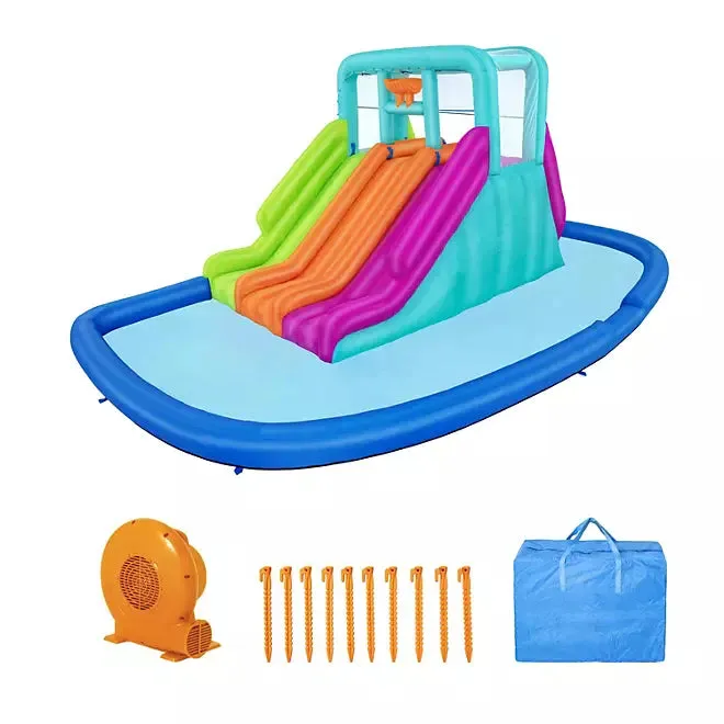 Three Slide Kids Inflatable Water Park (Multiple Colors) - A water park suitable for children, with a paddling pool, three-color slides, blower