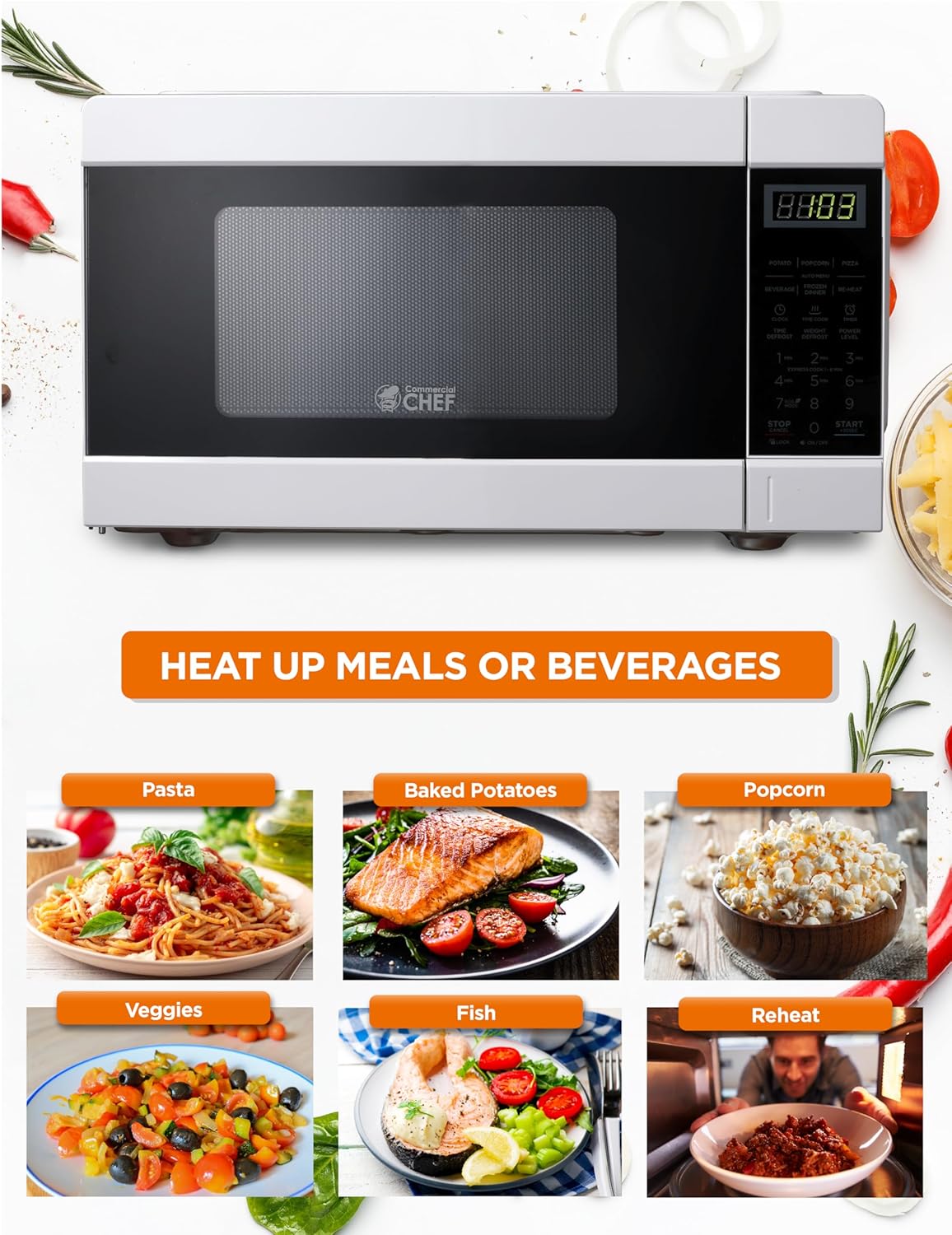 COMMERCIAL CHEF 0.6 Cubic Foot Microwave with 6 Power Levels, Small Microwave with Grip Handle, 700W Countertop Microwave with 30 Minute Timer and Mechanical Dial Controls, White