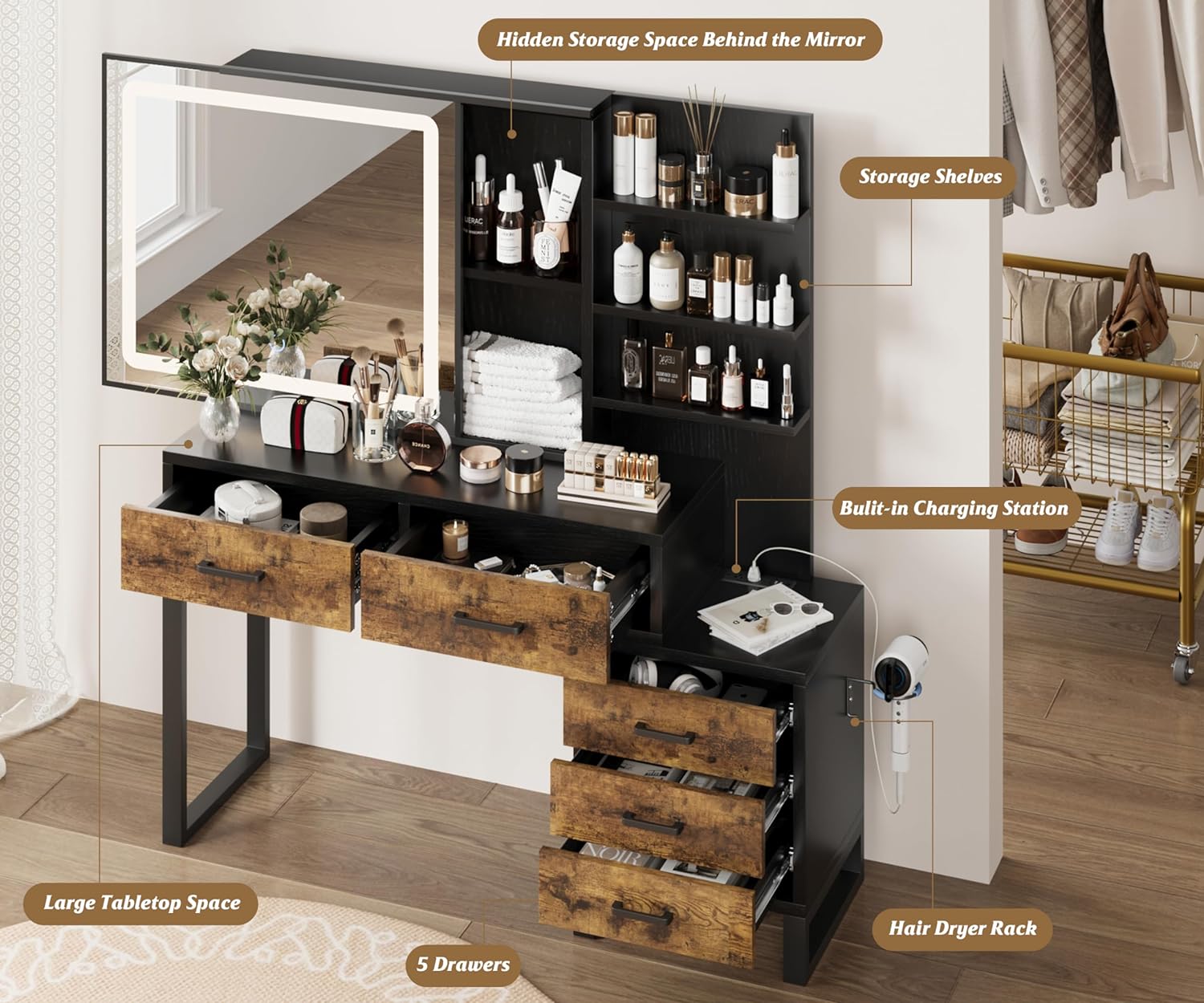 GAOMON Vanity Desk, Makeup Vanity with Adjustable LED Lighted Sliding Mirror, Charging Station, Vanity Table with 5 Drawers, Cabinet, Shelf and Stool, Bedroom Retro Black