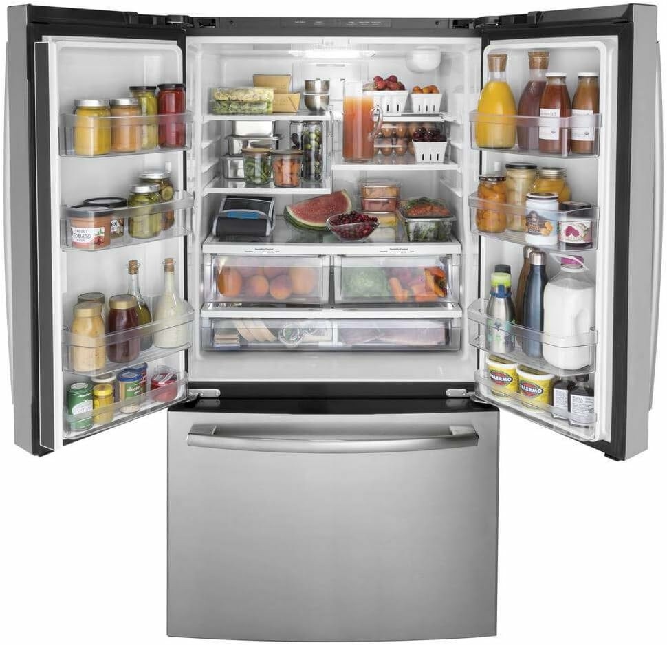 GE GNE27JYMFS 36" French Door Refrigerator with 27 cu. ft. Total Capacity Energy Star LED Lighting Internal Water Dispenser Spill-Proof Shelves in Fingerprint Resistant Stainless Steel