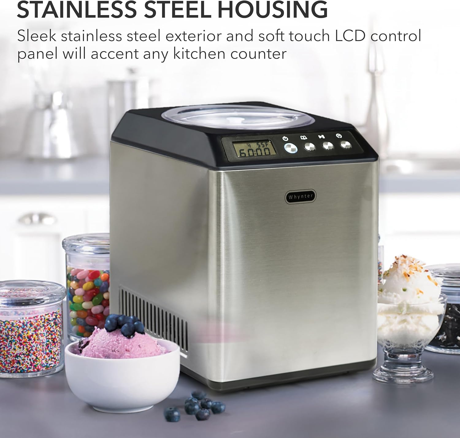 Whynter Ice Cream Maker Machine Automatic 2.1 Qt. upright with Built-in Compressor, LCD Digital Display & Timer, No Pre-Freezing, ICM-201SB, Stainless Steel