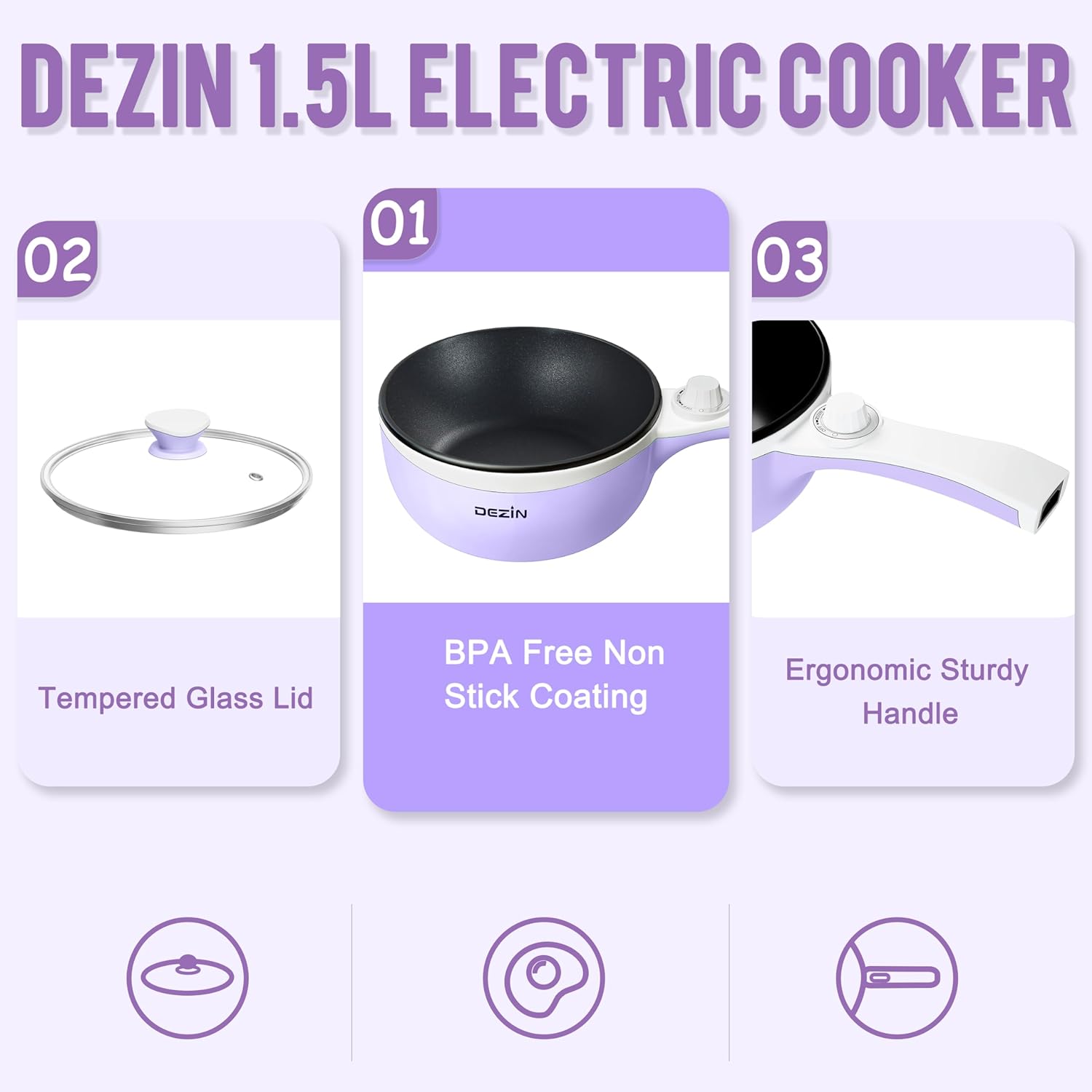 Dezin Hot Pot Electric Upgraded, Non-Stick Sauté Pan, Rapid Noodles Electric Pot, 1.5L Mini Portable Hot Pot for Steak, Egg, Fried Rice, Ramen, Oatmeal, Soup with Power Adjustment(Egg Rack Included)