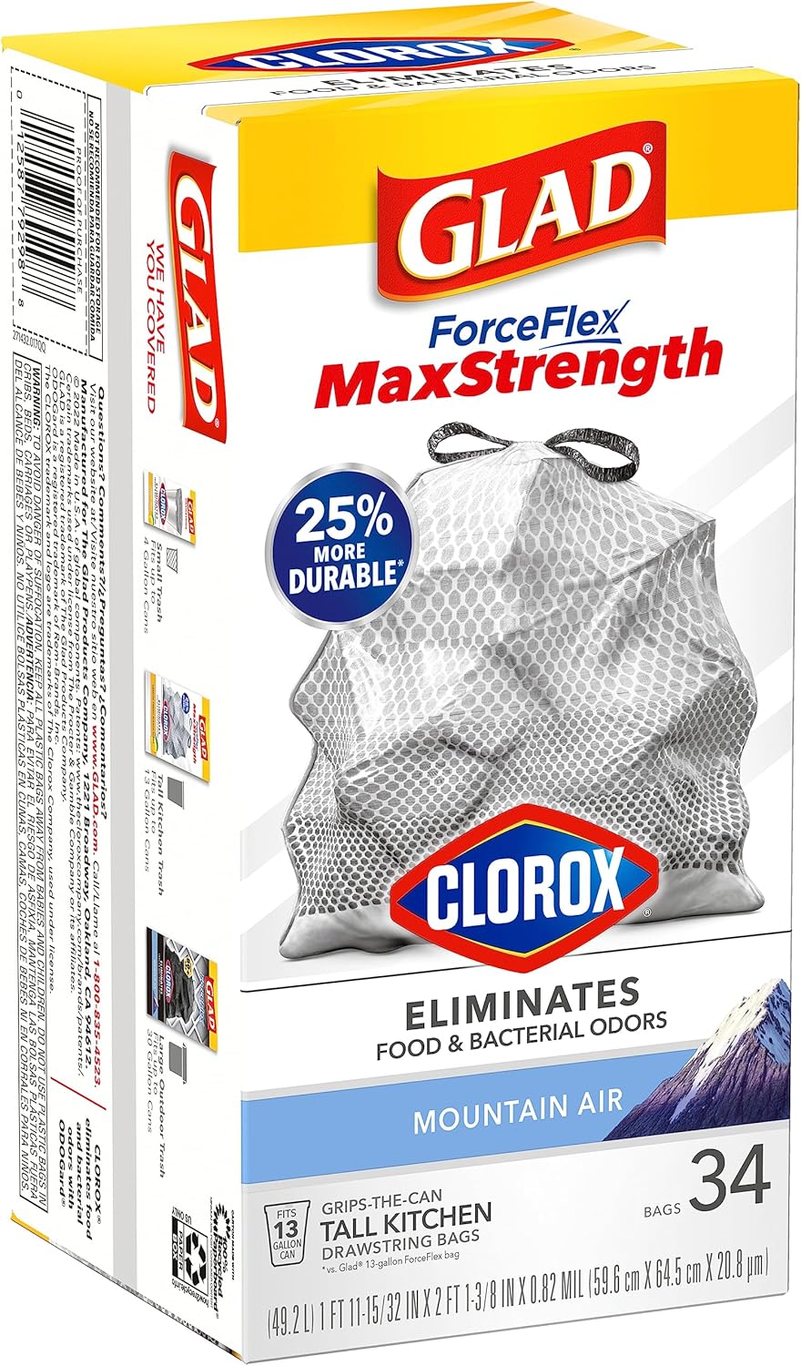 Glad ForceFlex MaxStrength with Clorox Trash Bags, 13 Gal, Lemon Fresh Bleach, 90 Ct, Pack May Vary
