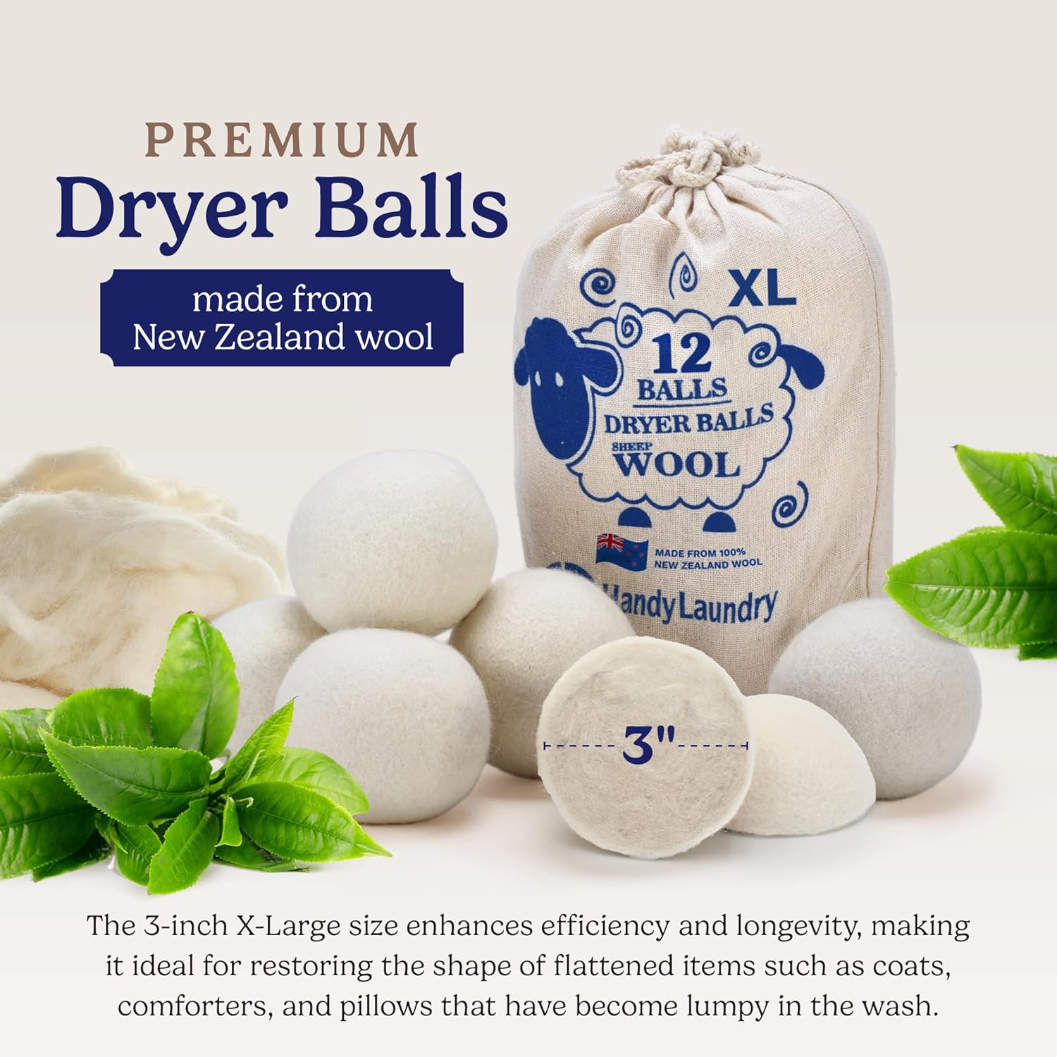 Wool Dryer Balls - Natural Fabric Softener, Reusable, Reduces Clothing Wrinkles and Saves Drying Time. The Large Dryer Ball is a Better Alternative to Plastic Balls and Liquid Softener. (Pack of 6)