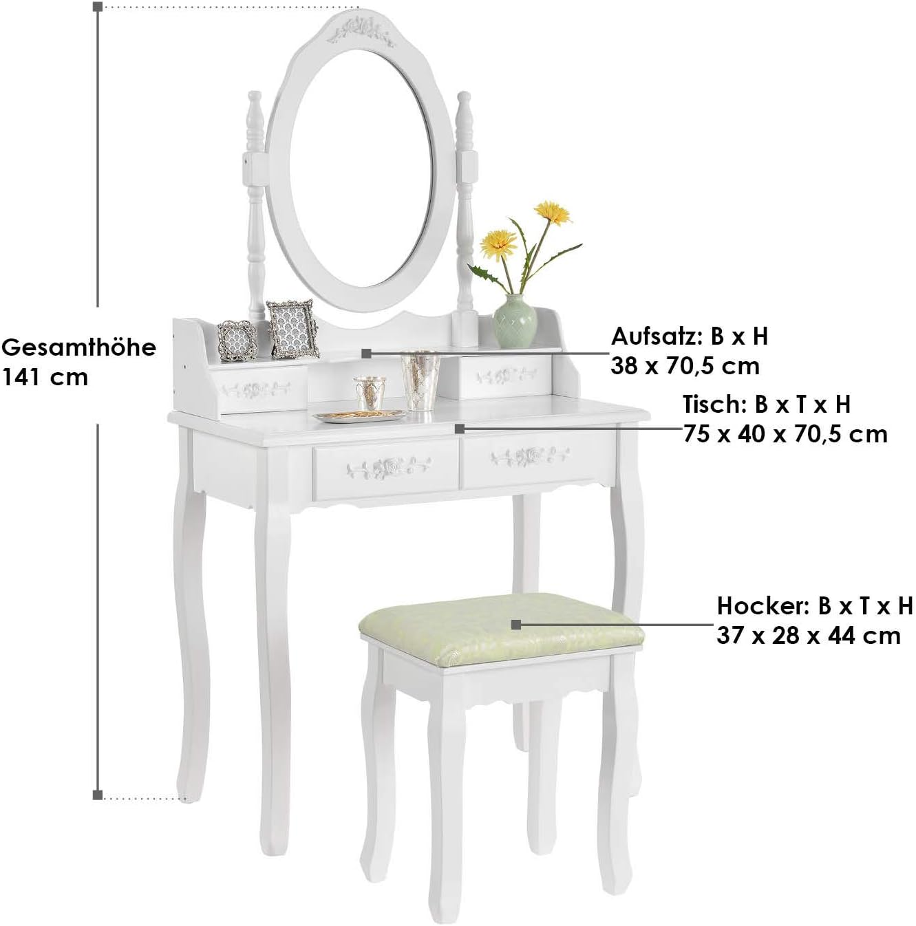 ArtLife Mira Dressing Table with Mirror, Stool and 4 Drawers White Country House Style MDF Wood for Girls Children