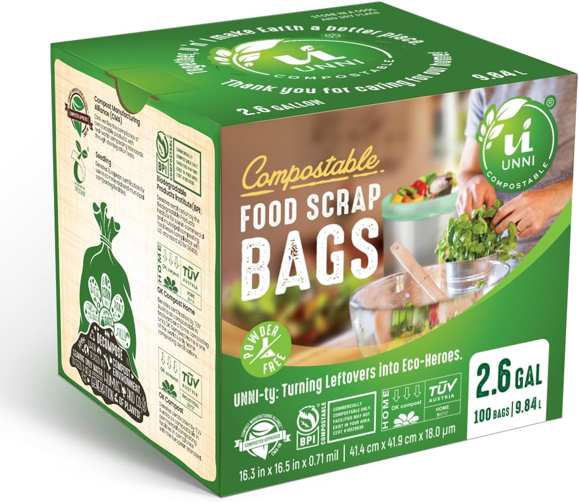 UNNI Compostable Liner Bags, 2.6 Gallon, 9.84 Liter, 100 Count, Extra Thick 0.71 Mil, Small Kitchen Food Scrap Waste Bags, ASTM D6400, US BPI, CMA & Europe OK Compost Home Certified, San Francisco
